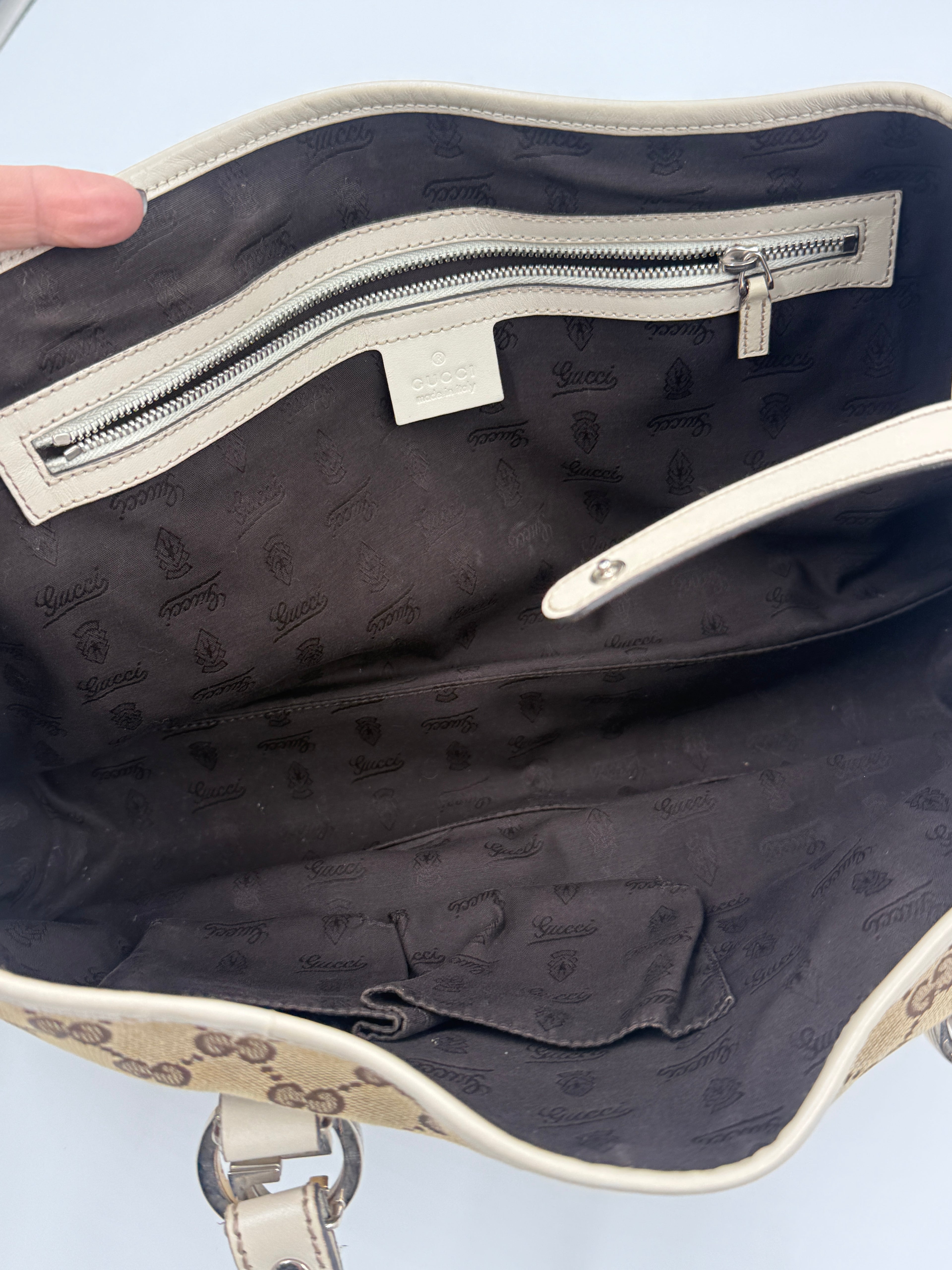 Gucci GG Canvas Twins Tote White Leather Trim Gold-tone and Silver-tone Interlocking G Logos Pre Owned Authentic