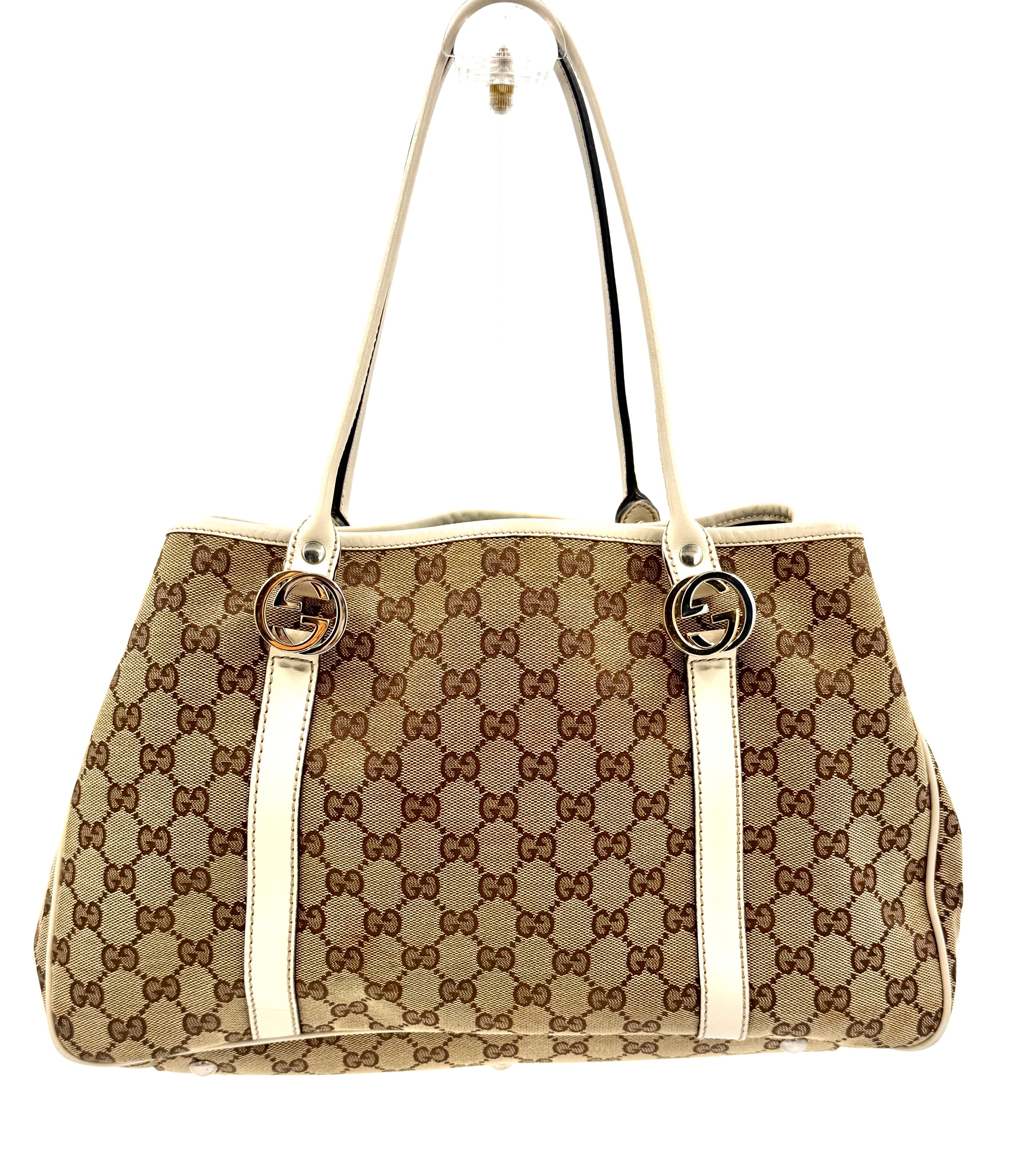 Gucci GG Canvas Twins Tote White Leather Trim Gold-tone and Silver-tone Interlocking G Logos Pre Owned Authentic