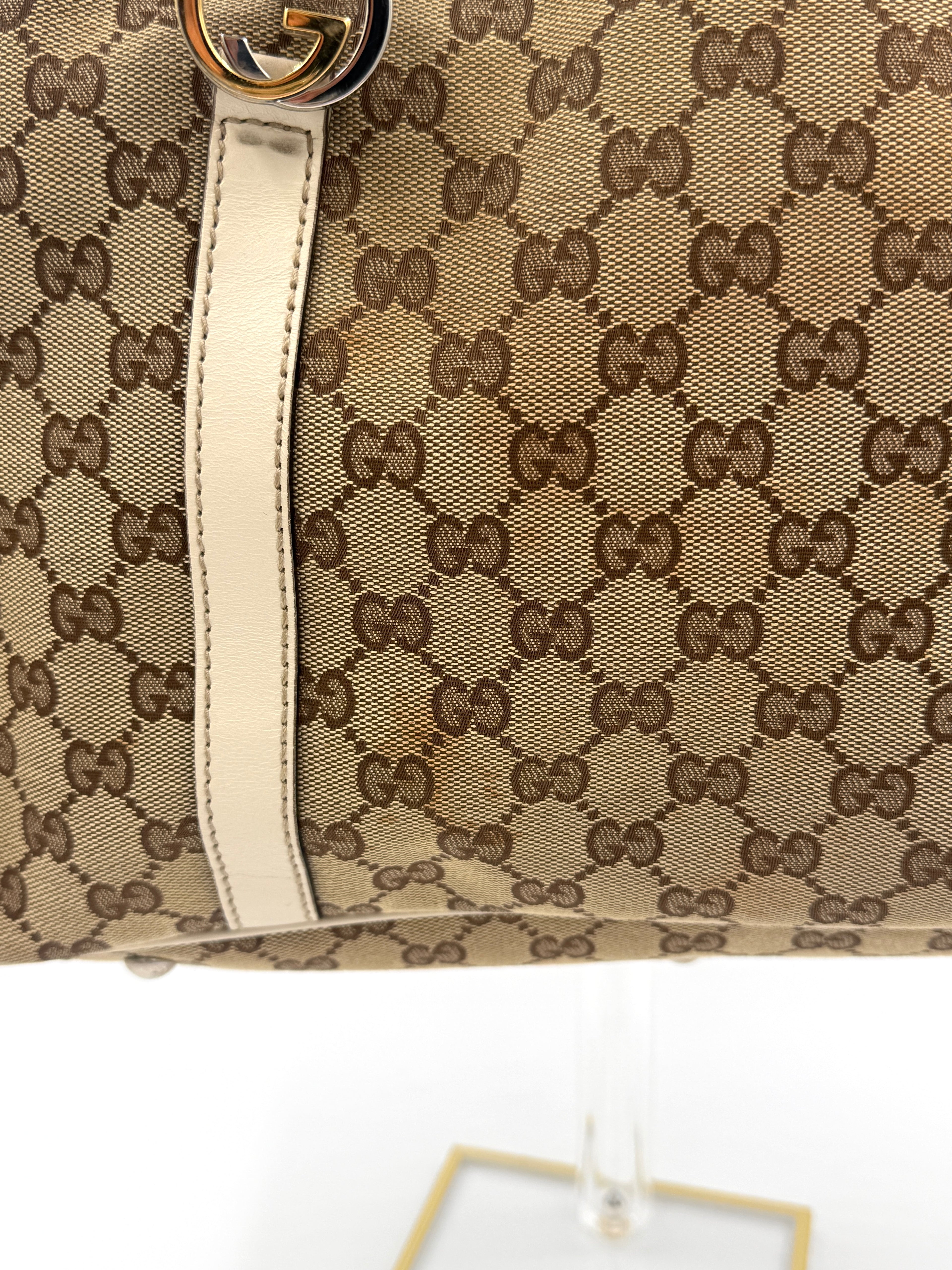 Gucci GG Canvas Twins Tote White Leather Trim Gold-tone and Silver-tone Interlocking G Logos Pre Owned Authentic