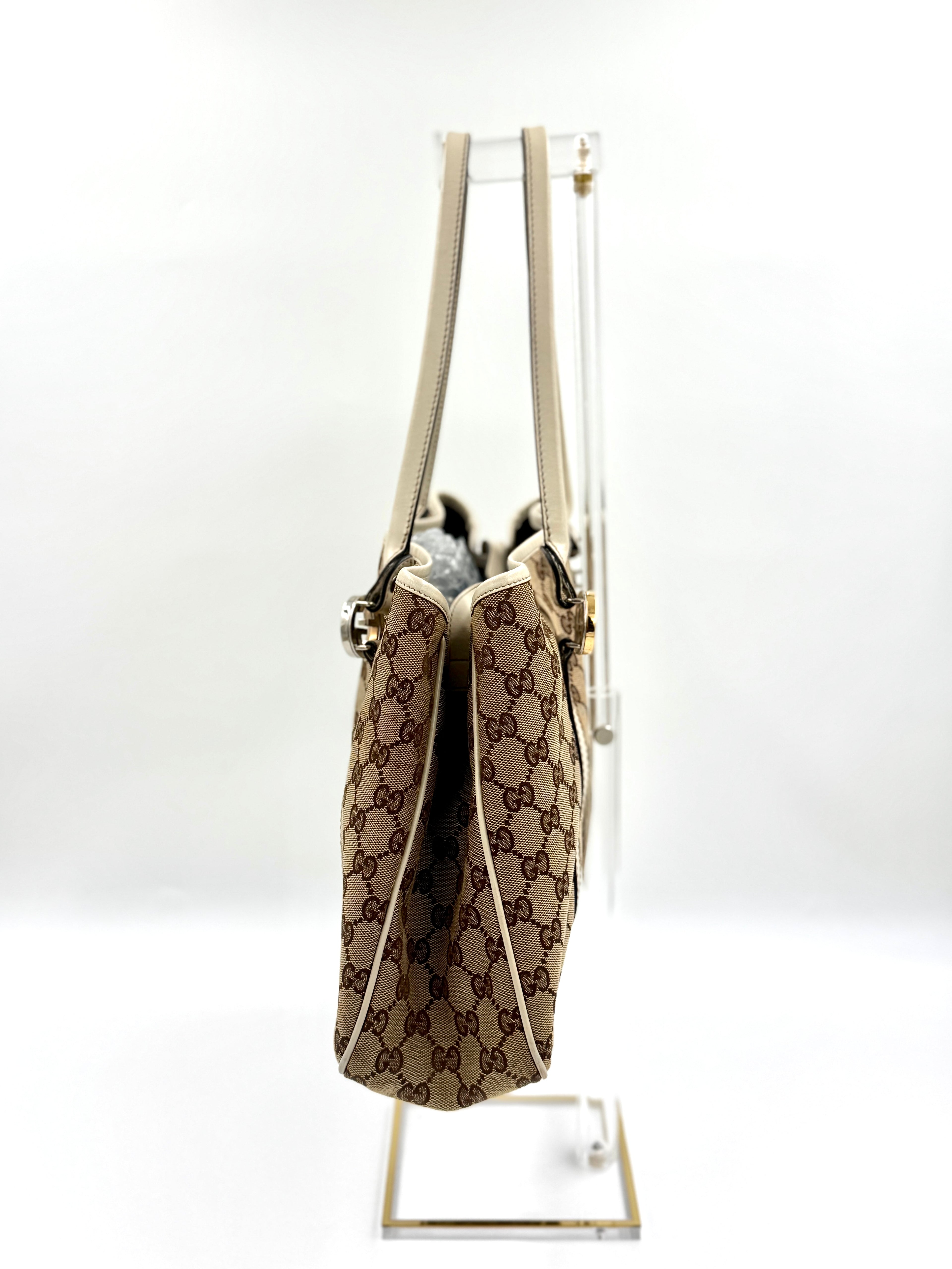 Gucci GG Canvas Twins Tote White Leather Trim Gold-tone and Silver-tone Interlocking G Logos Pre Owned Authentic