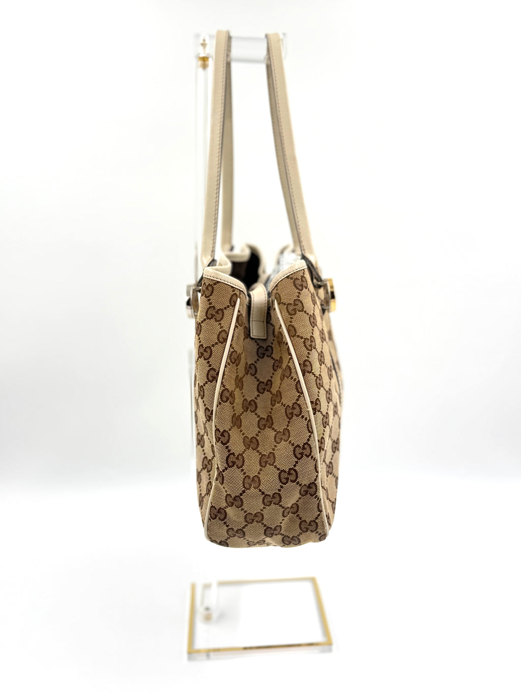 Gucci GG Canvas Twins Tote White Leather Trim Gold-tone and Silver-tone Interlocking G Logos Pre Owned Authentic