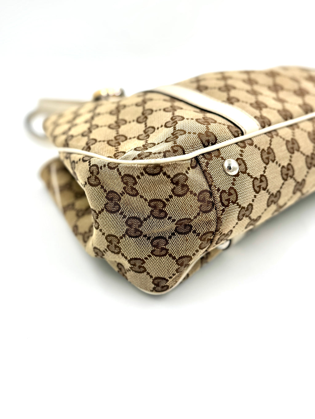 Gucci GG Canvas Twins Tote White Leather Trim Gold-tone and Silver-tone Interlocking G Logos Pre Owned Authentic