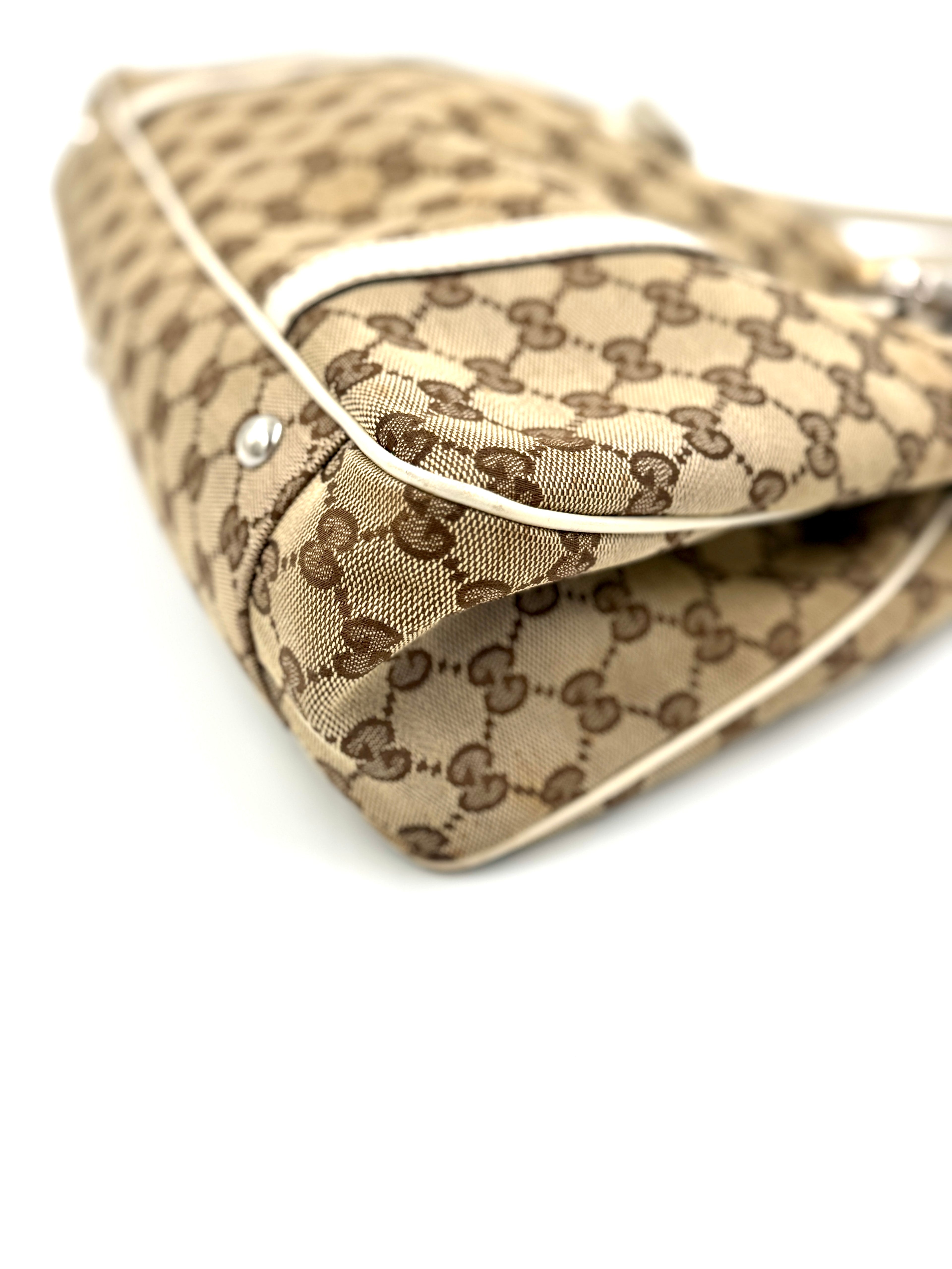 Gucci GG Canvas Twins Tote White Leather Trim Gold-tone and Silver-tone Interlocking G Logos Pre Owned Authentic