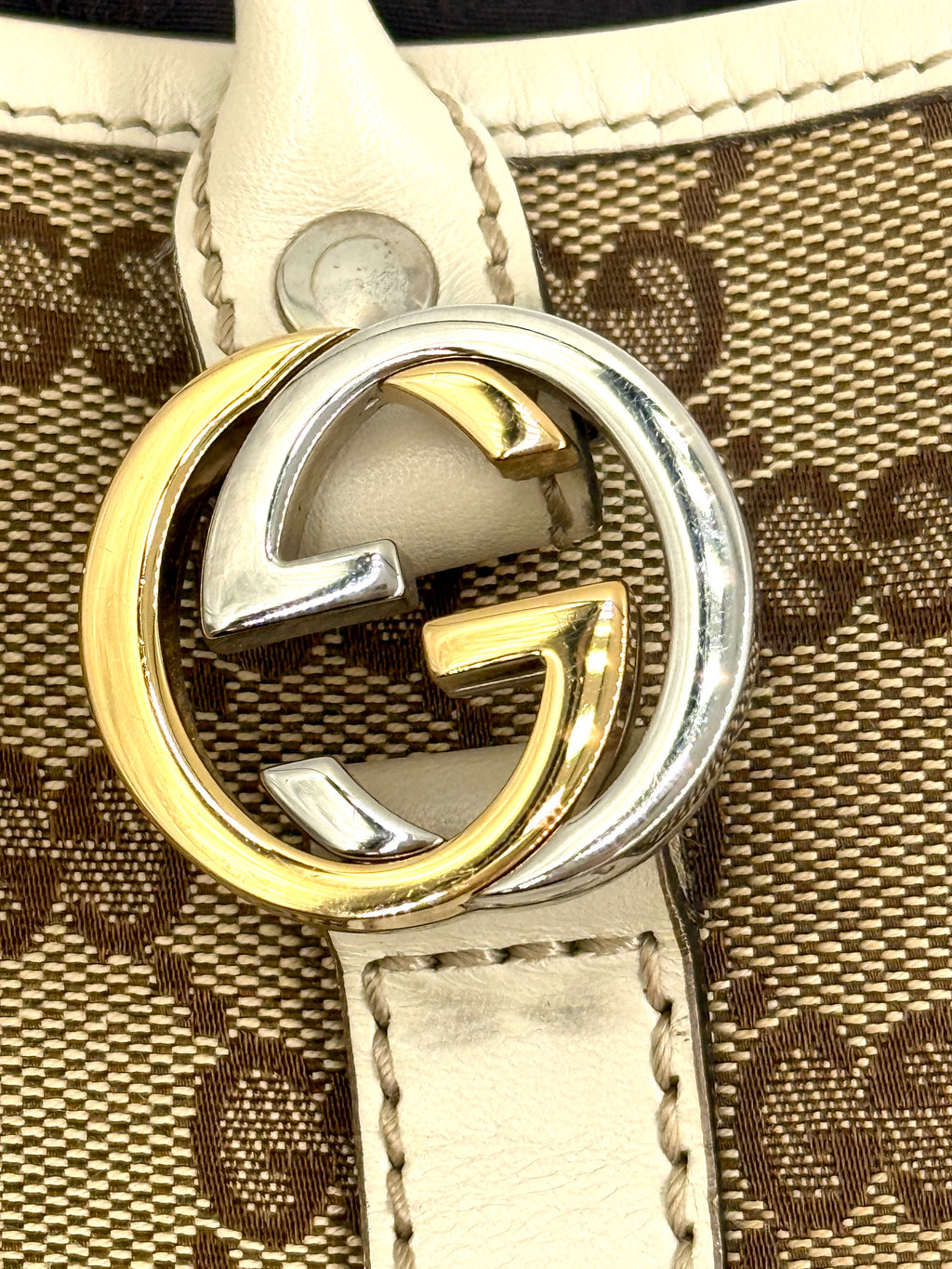 Gucci GG Canvas Twins Tote White Leather Trim Gold-tone and Silver-tone Interlocking G Logos Pre Owned Authentic