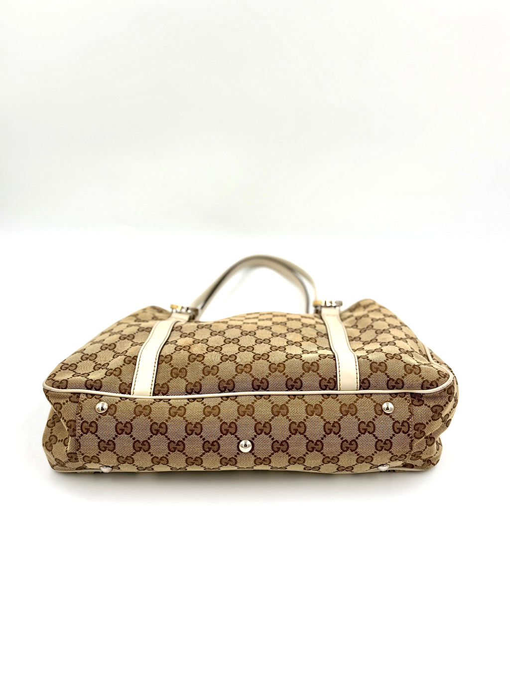 Gucci GG Canvas Twins Tote White Leather Trim Gold-tone and Silver-tone Interlocking G Logos Pre Owned Authentic