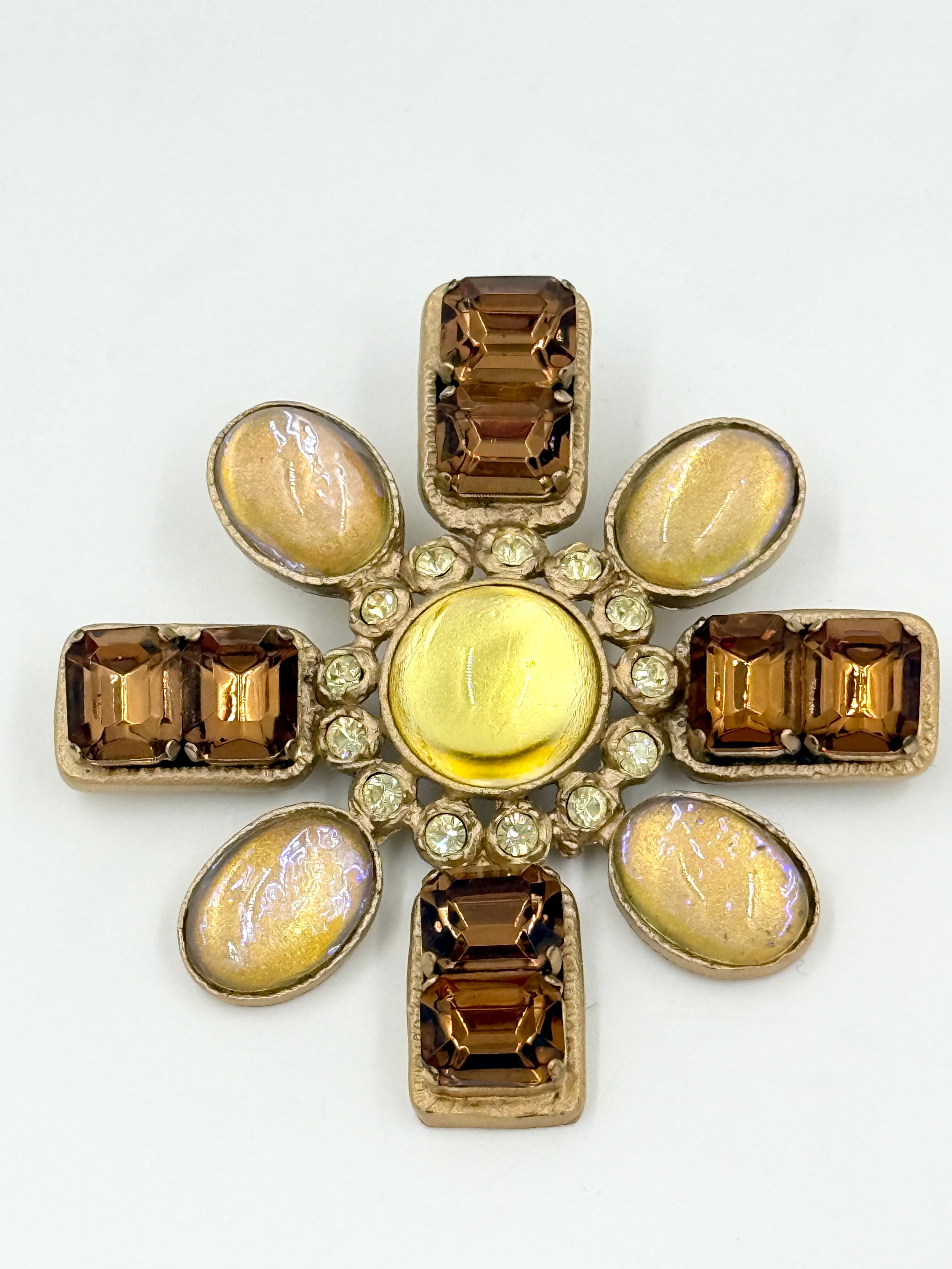 Chanel Glass Cabochon Gold Brown Yellow Bronze Brooch Pre Owned Authentic