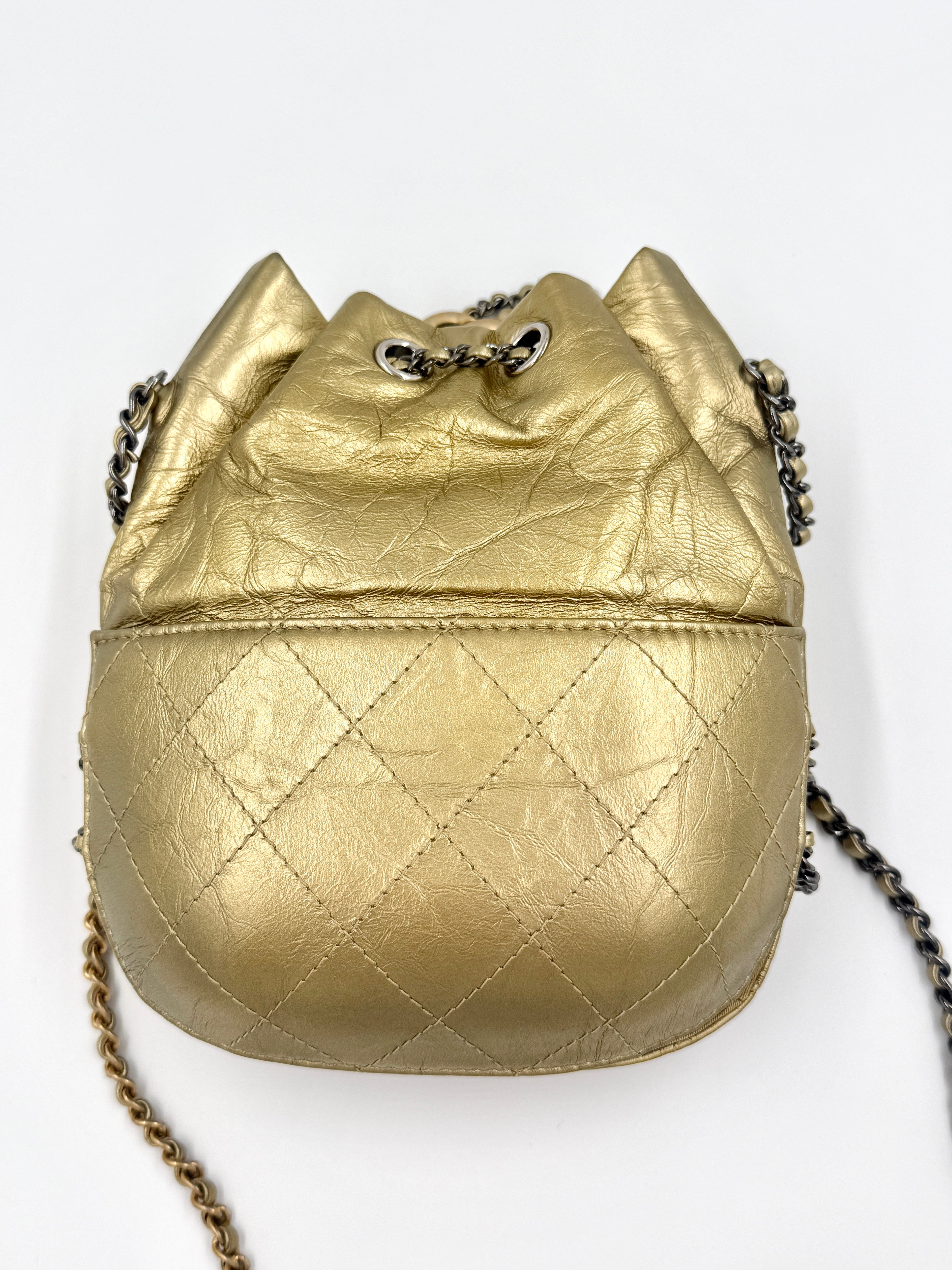 Chanel Gold Metallic Gabrielle Bucket Bag Pre Owned Authentic