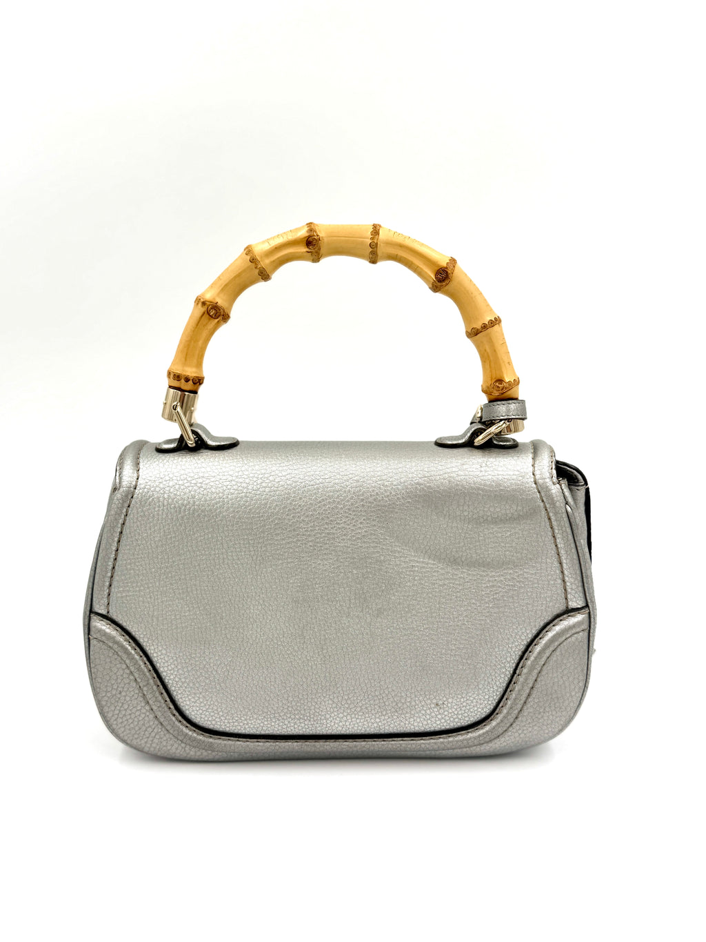 Gucci Bamboo Handle Bag Hand Bag Leather Silver With Tassels and Compact Mirror Pre Owned Authentic