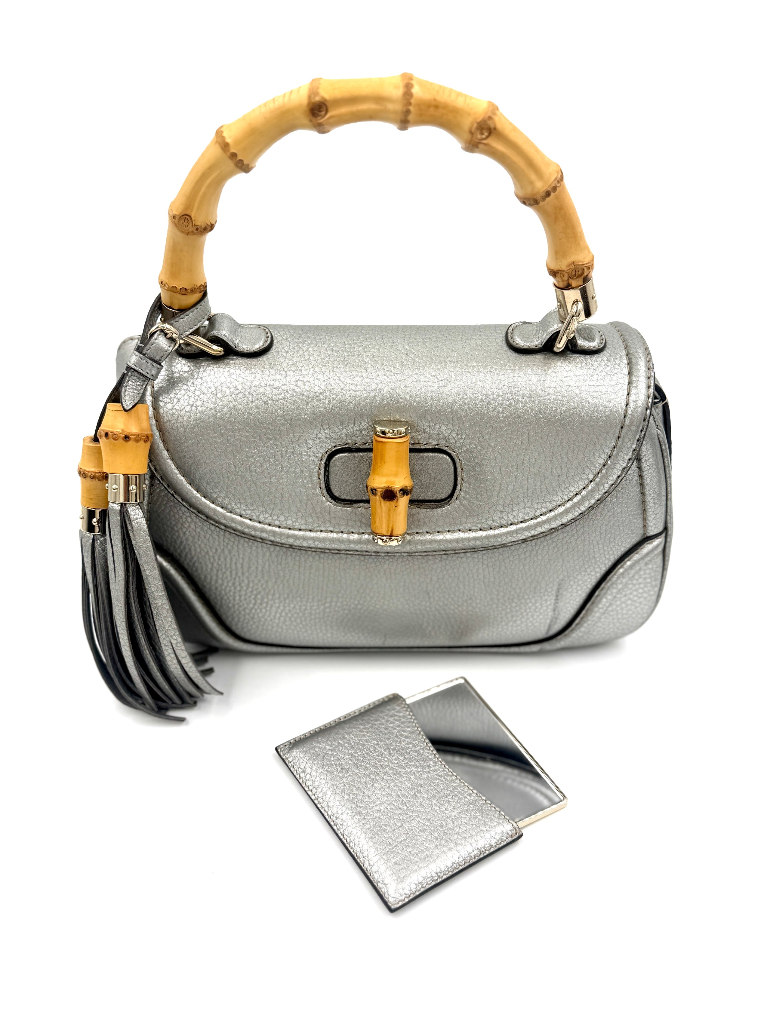 Gucci Bamboo Handle Bag Hand Bag Leather Silver With Tassels and Compact Mirror Pre Owned Authentic