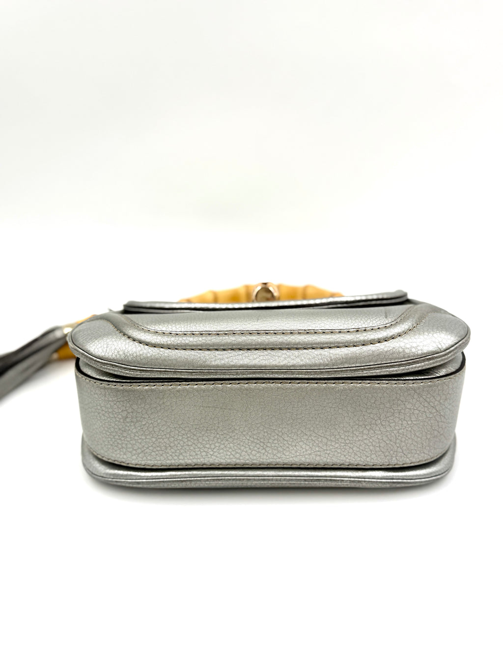Gucci Bamboo Handle Bag Hand Bag Leather Silver With Tassels and Compact Mirror Pre Owned Authentic