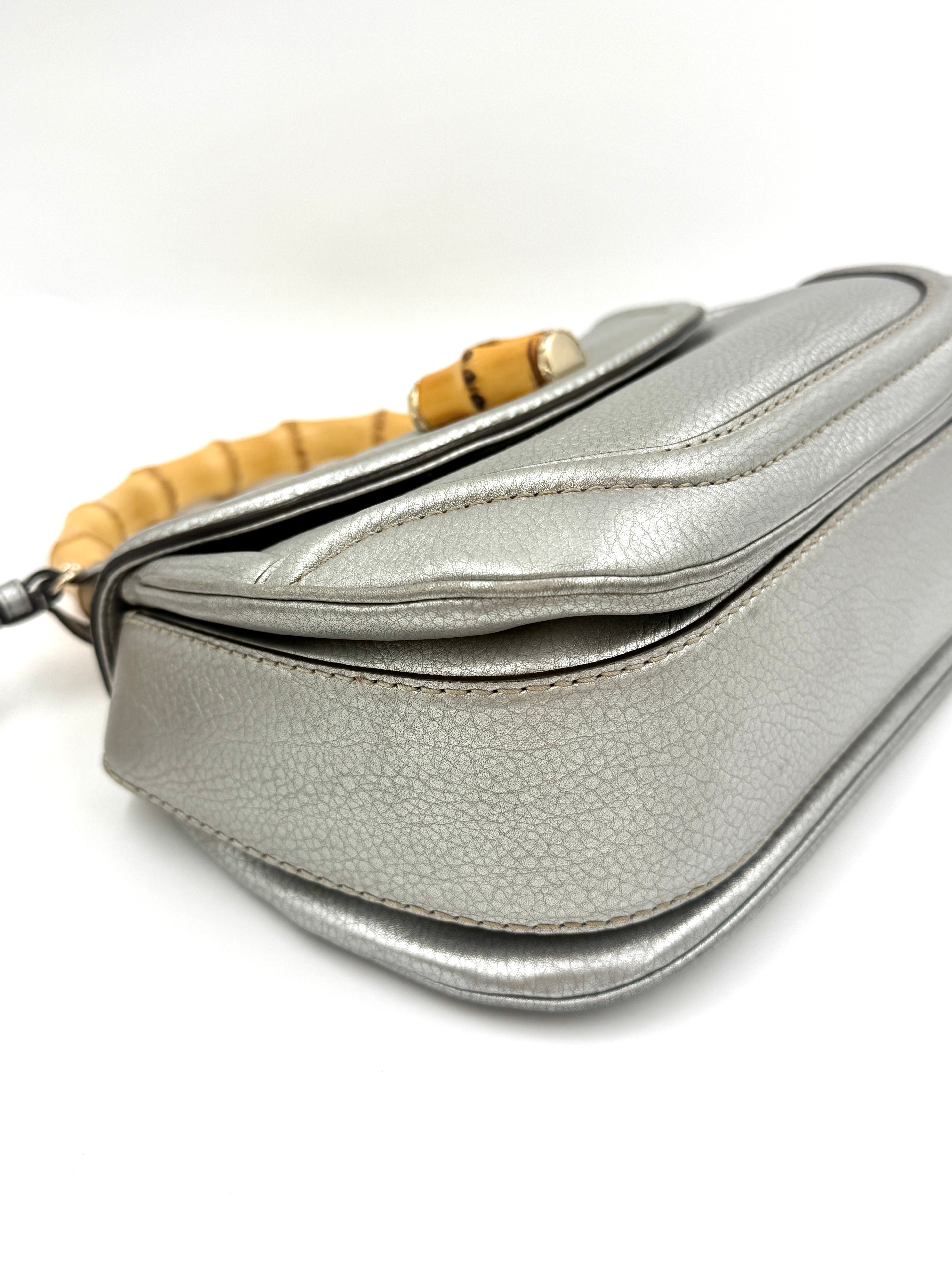Gucci Bamboo Handle Bag Hand Bag Leather Silver With Tassels and Compact Mirror Pre Owned Authentic