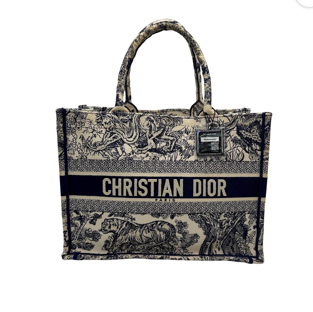 Christian Dior Toile de Jouy Book Tote Large Ecru and Navy Pre Owned Authentic