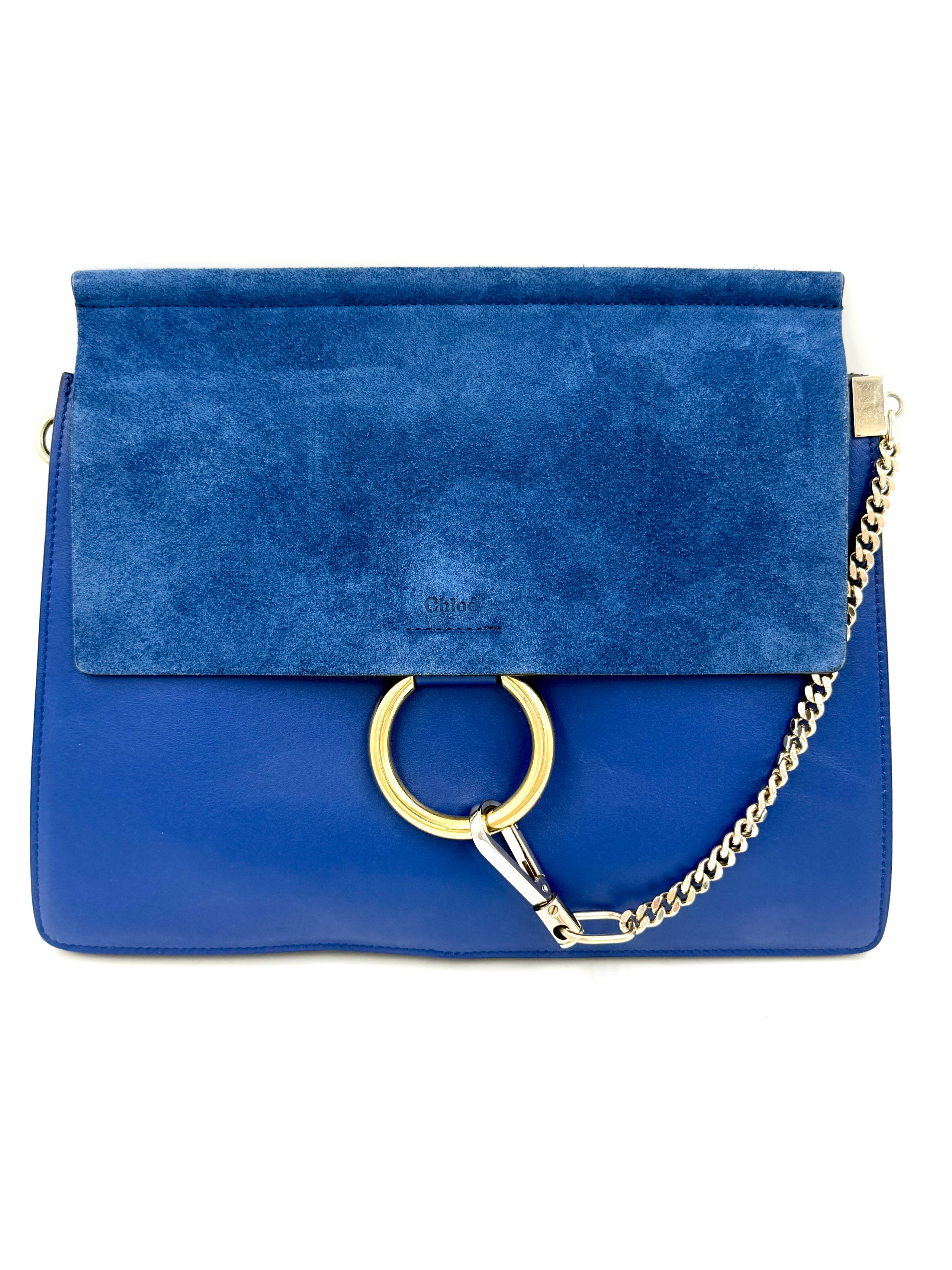 Chloe Faye Suede and Leather Mixed Metal Shoulder Bag Cobalt Pre Owned Authentic