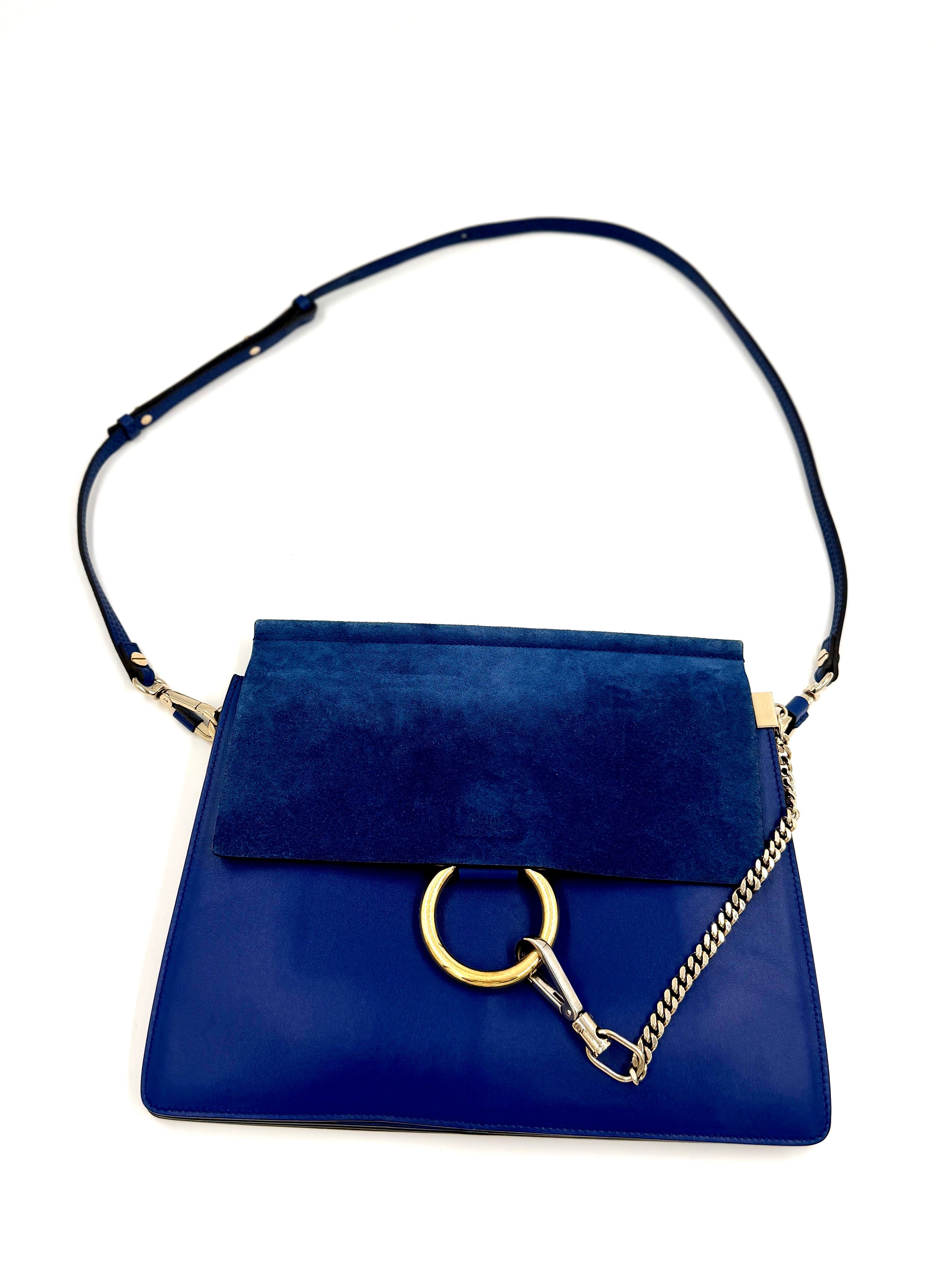 Chloe Faye Suede and Leather Mixed Metal Shoulder Bag Cobalt Pre Owned Authentic