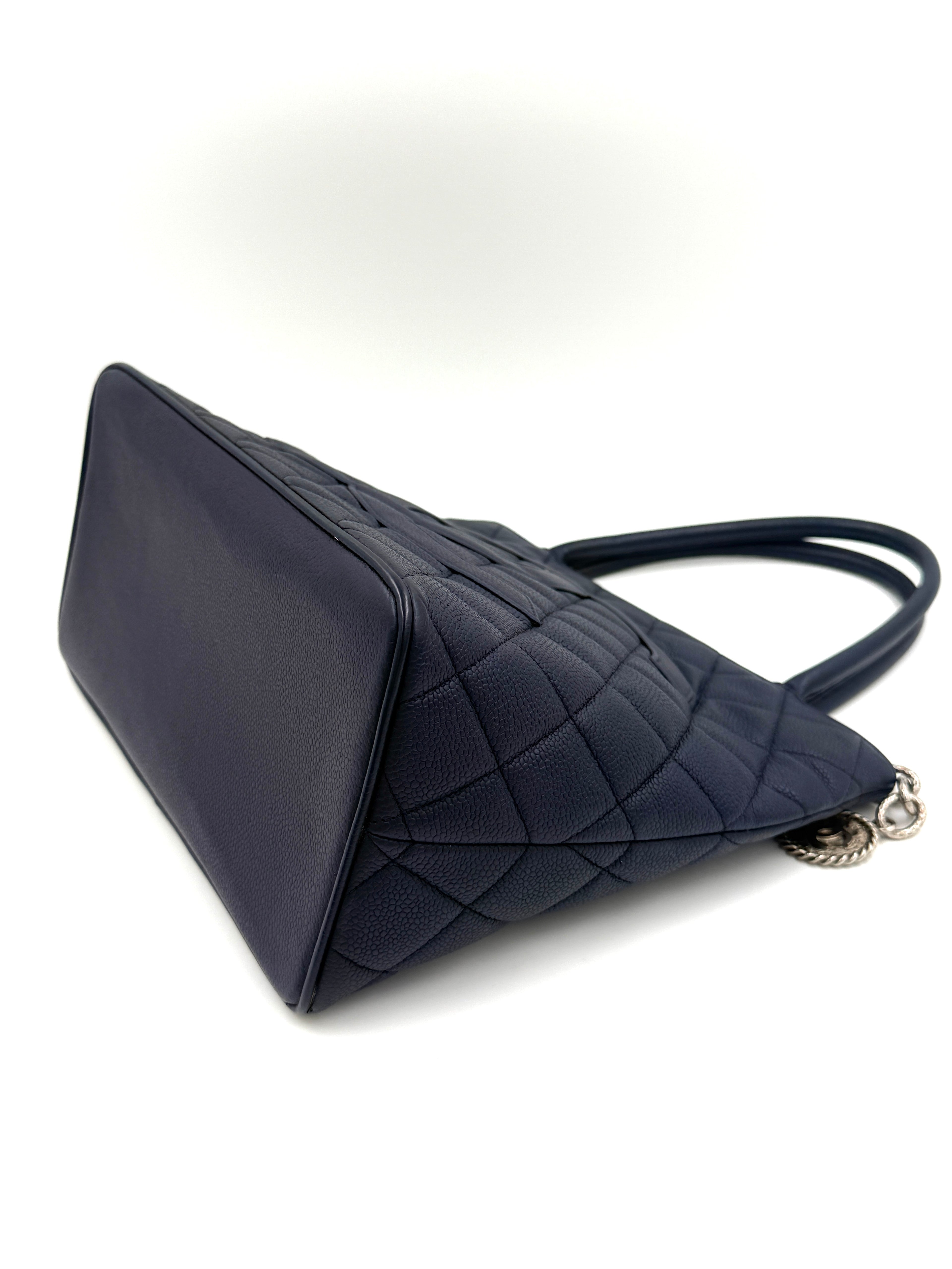 Pre-Owned Chanel Quilted Caviar Leather Navy Medallion Tote with Silver Hardware - Authenticated