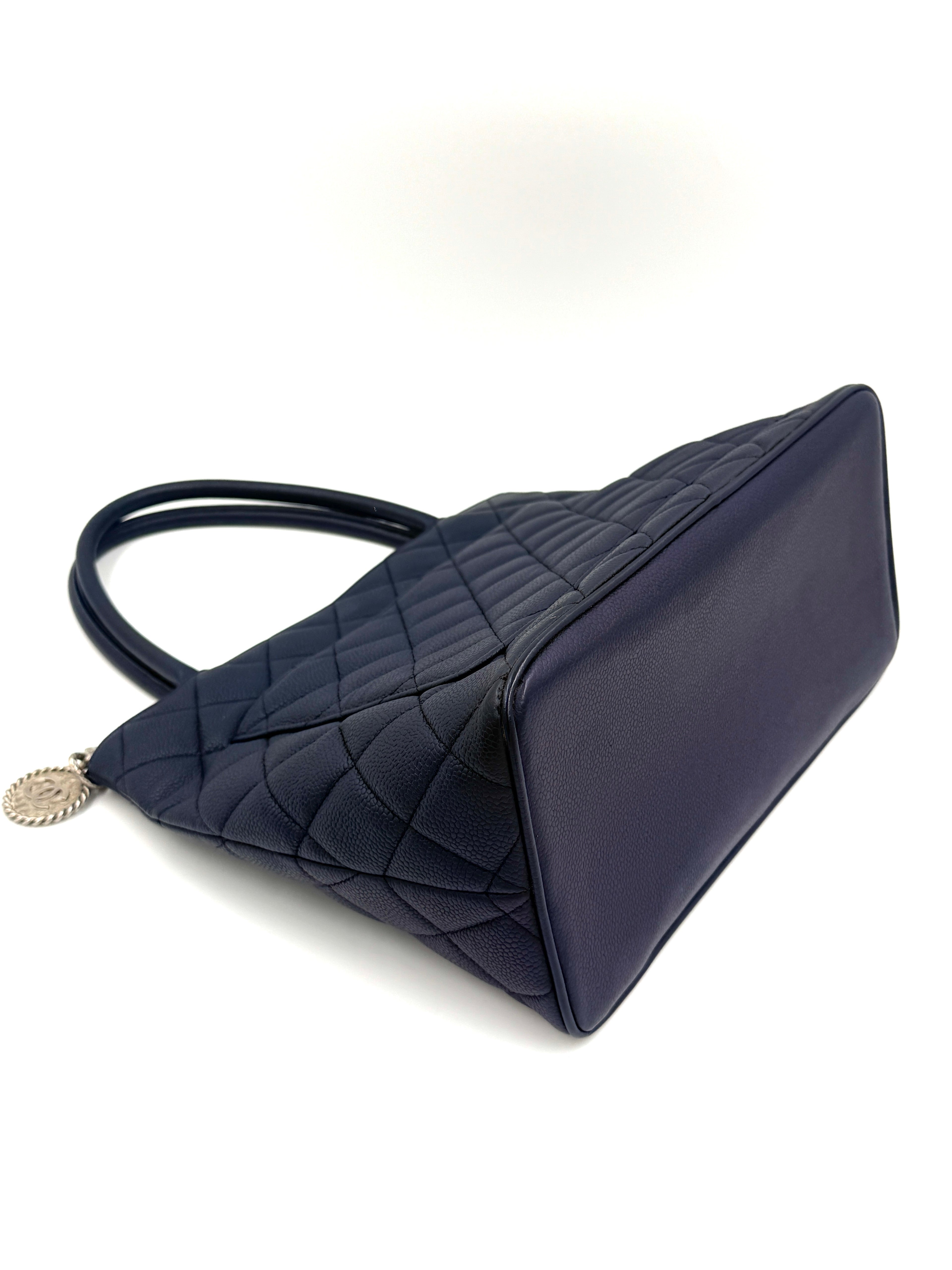 Pre-Owned Chanel Quilted Caviar Leather Navy Medallion Tote with Silver Hardware - Authenticated