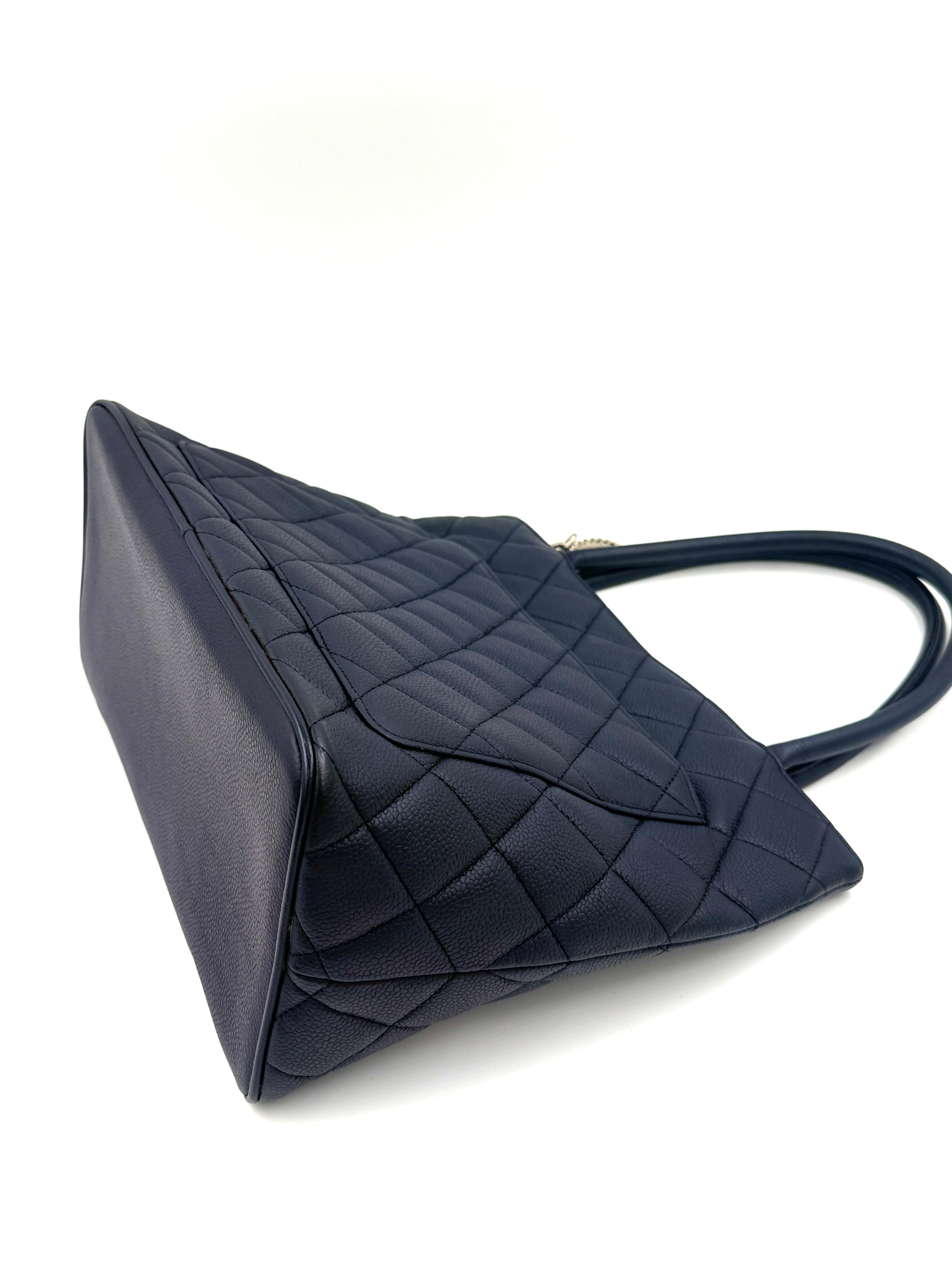 Pre-Owned Chanel Quilted Caviar Leather Navy Medallion Tote with Silver Hardware - Authenticated