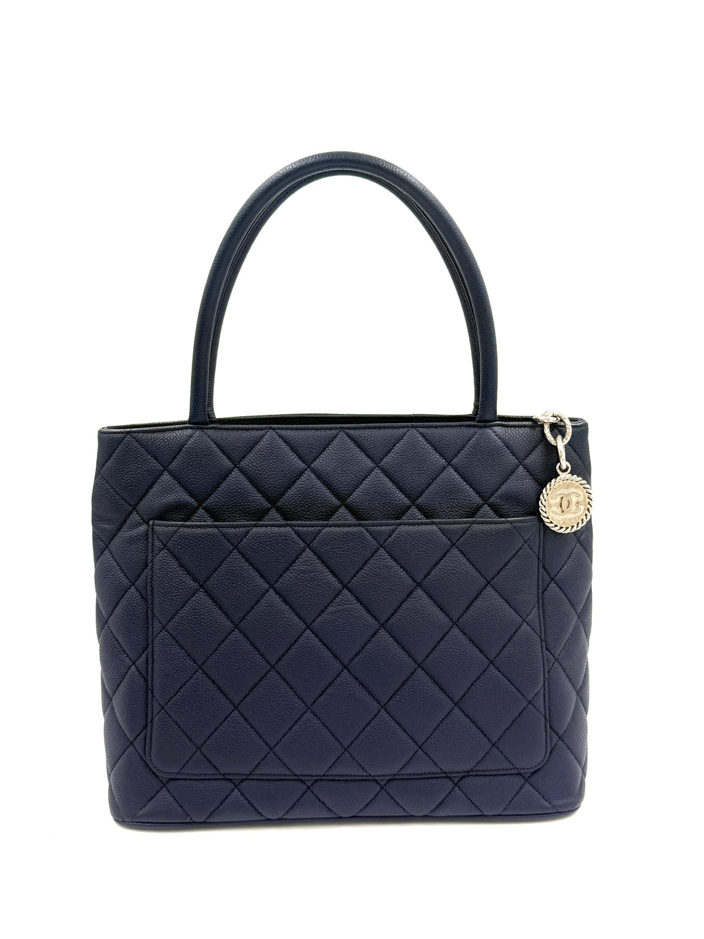 Pre-Owned Chanel Quilted Caviar Leather Navy Medallion Tote with Silver Hardware - Authenticated