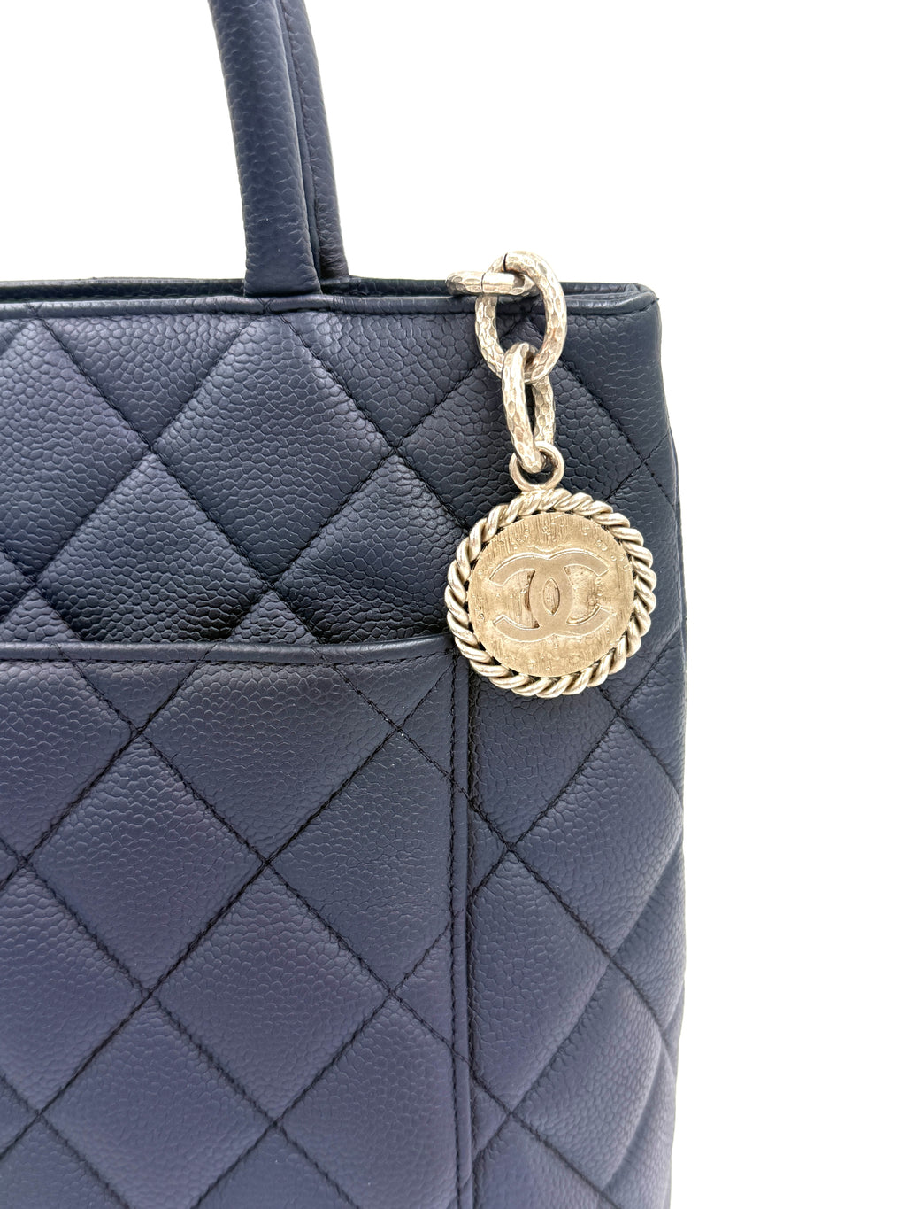 Pre-Owned Chanel Quilted Caviar Leather Navy Medallion Tote with Silver Hardware - Authenticated