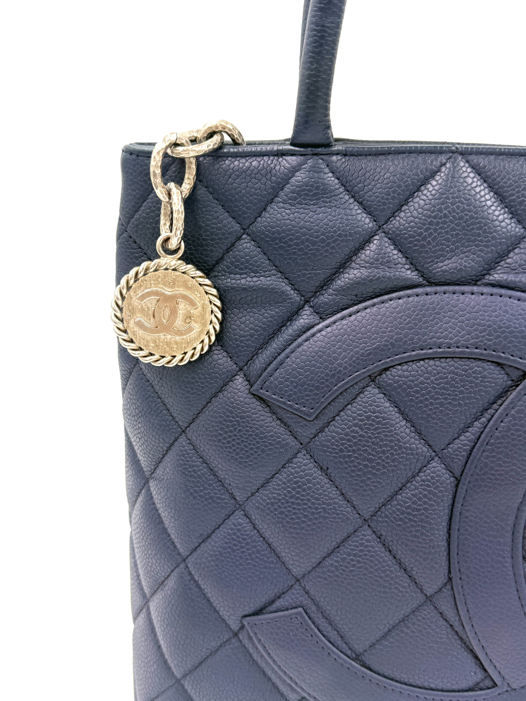 Pre-Owned Chanel Quilted Caviar Leather Navy Medallion Tote with Silver Hardware - Authenticated