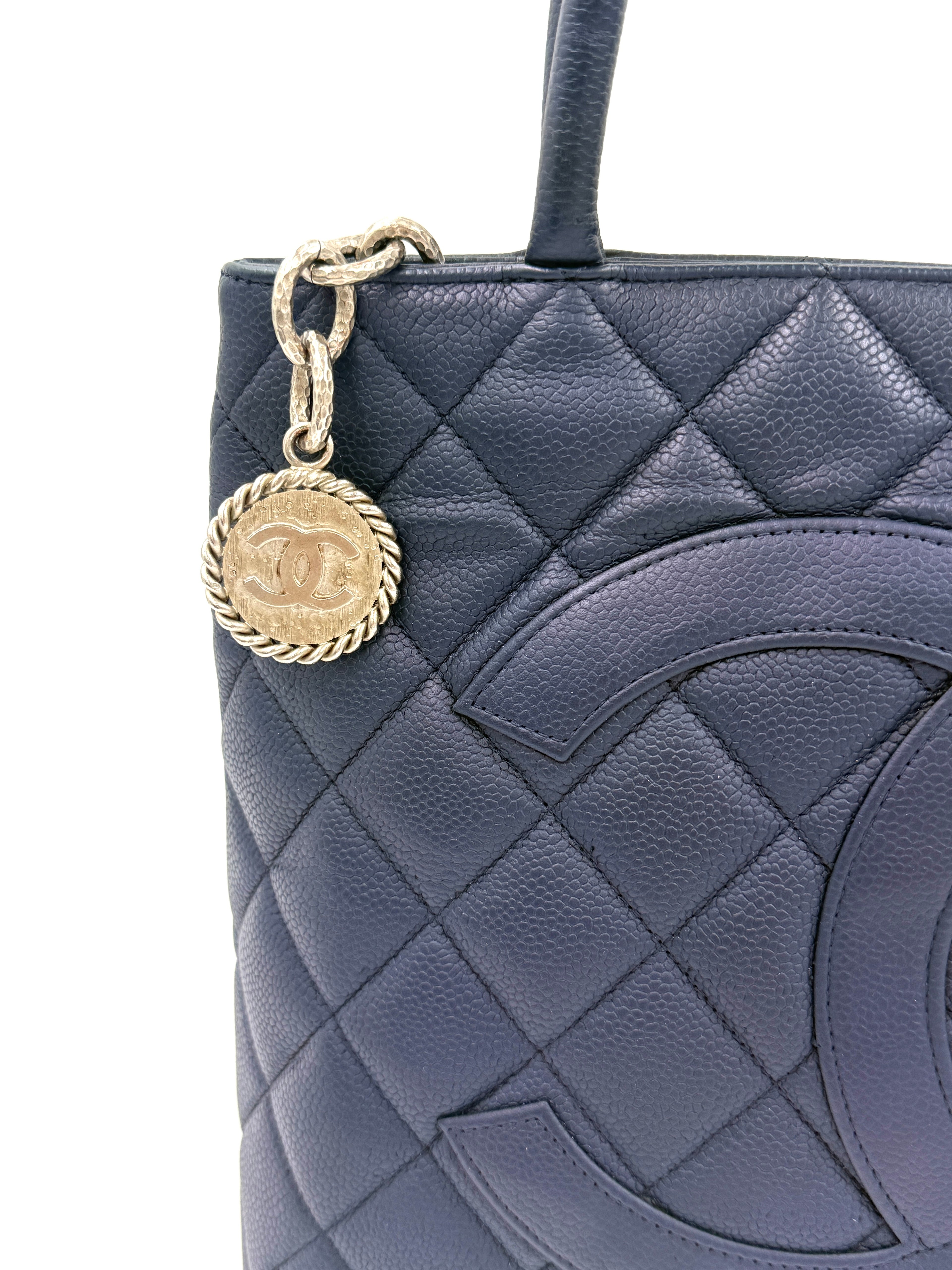 Pre-Owned Chanel Quilted Caviar Leather Navy Medallion Tote with Silver Hardware - Authenticated