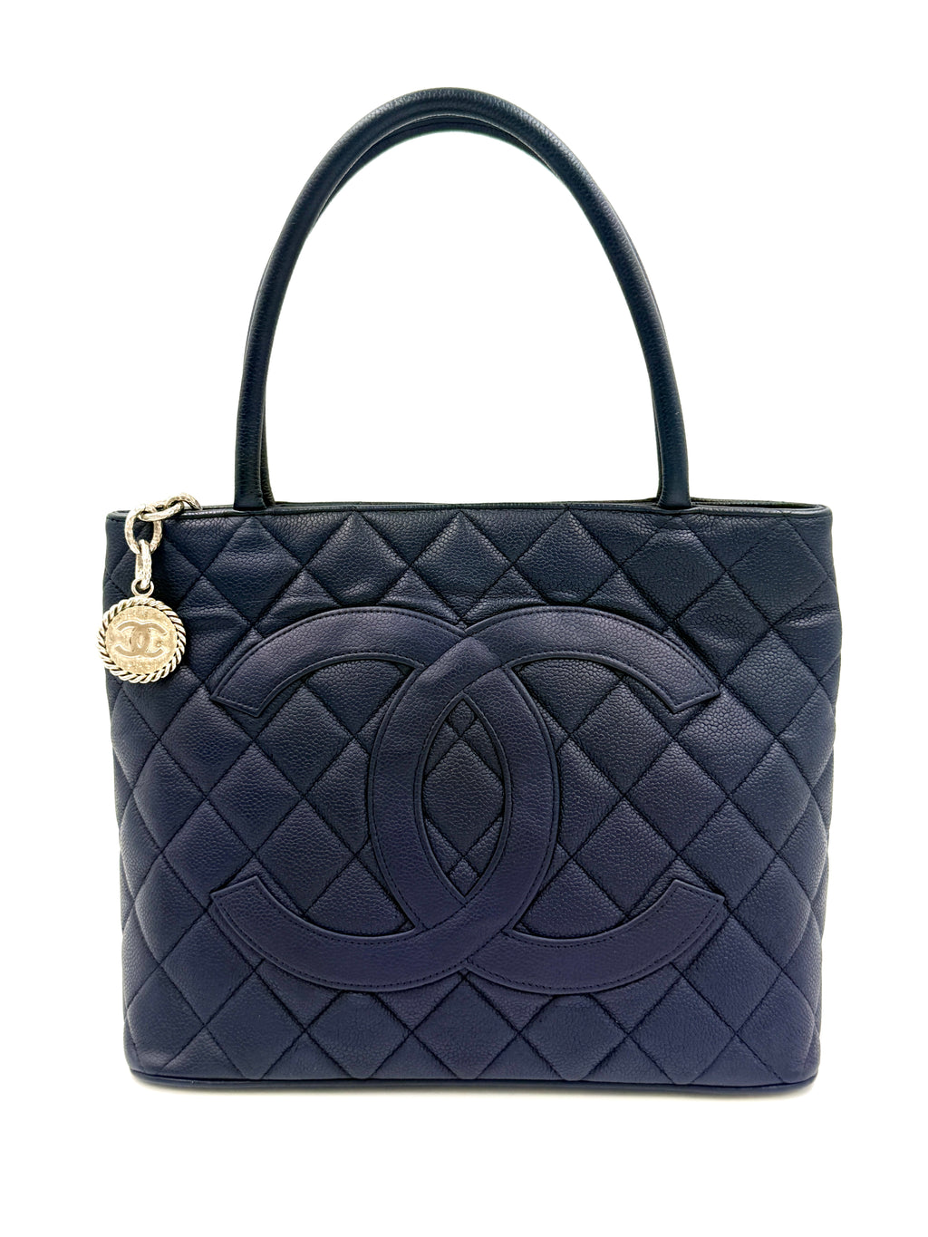 Pre-Owned Chanel Quilted Caviar Leather Navy Medallion Tote with Silver Hardware - Authenticated