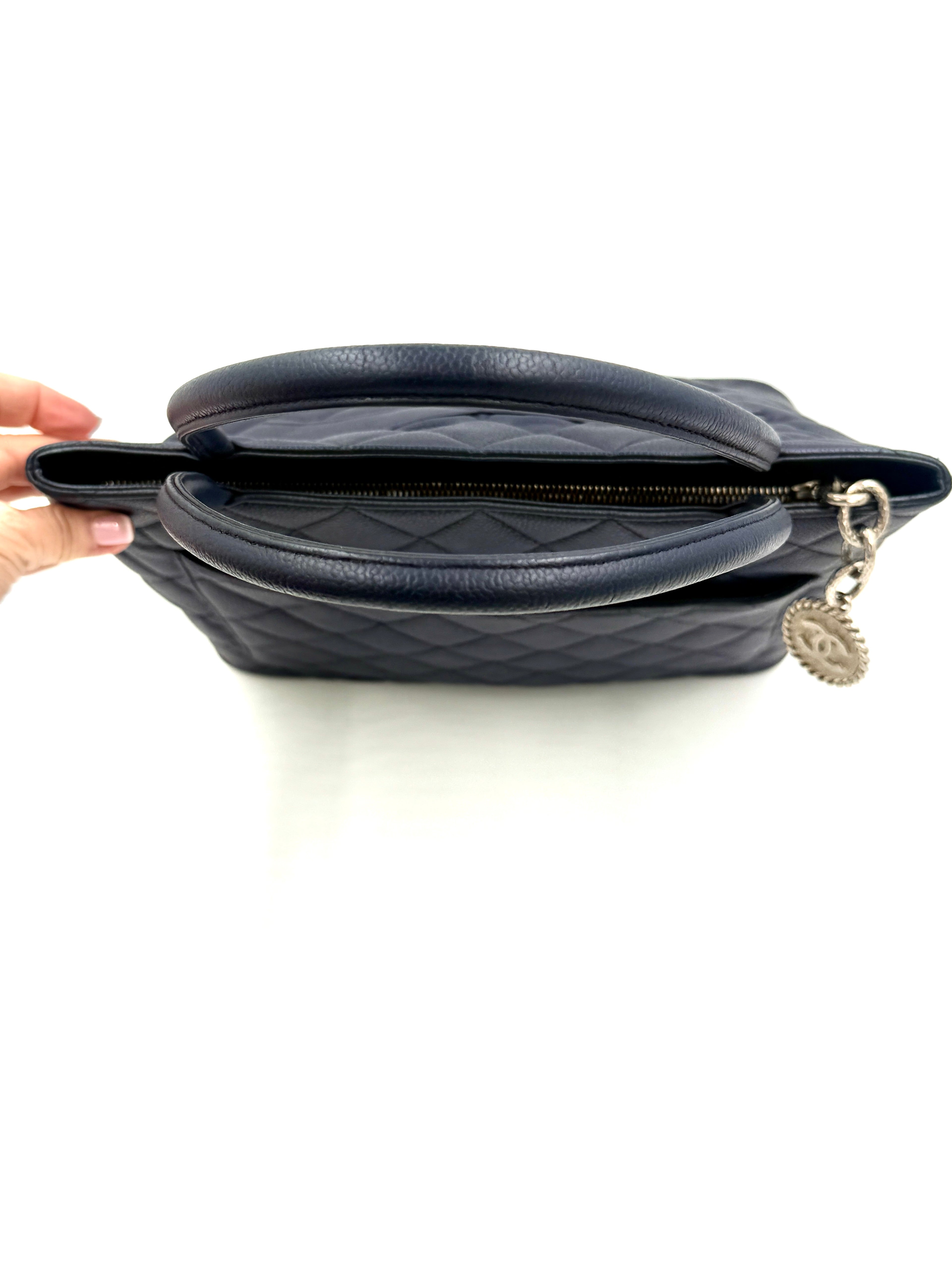 Pre-Owned Chanel Quilted Caviar Leather Navy Medallion Tote with Silver Hardware - Authenticated