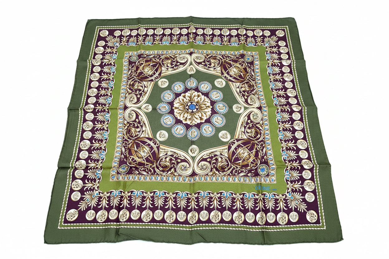 Pre-Owned Celine Silk Scarf Green and Burgundy Multicolor - Authenticated