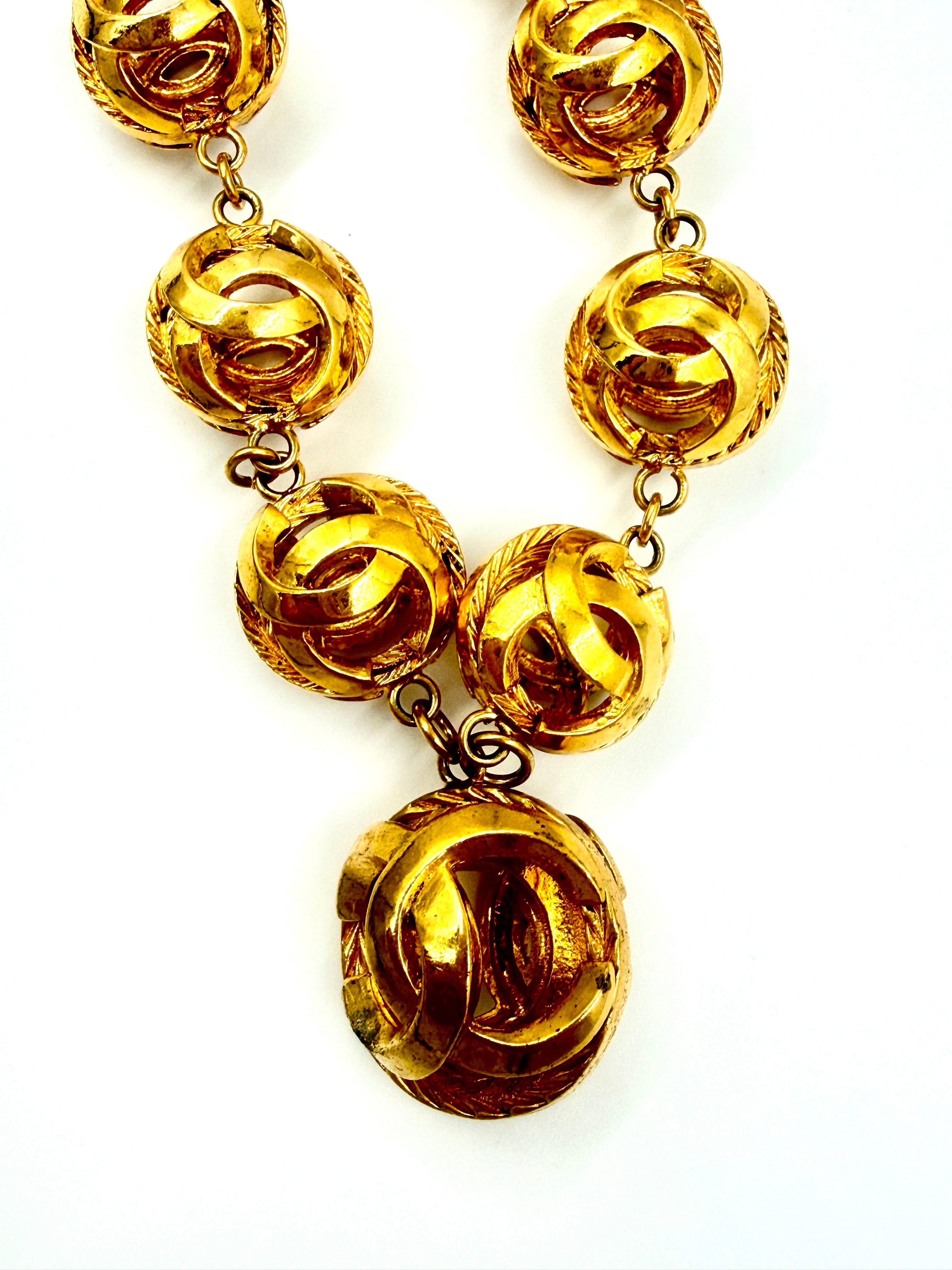 Pre-Owned Chanel Vintage Coco Mark Necklace Gold Plated Cage Orb Beads CC Logo Pendant - Authenticated