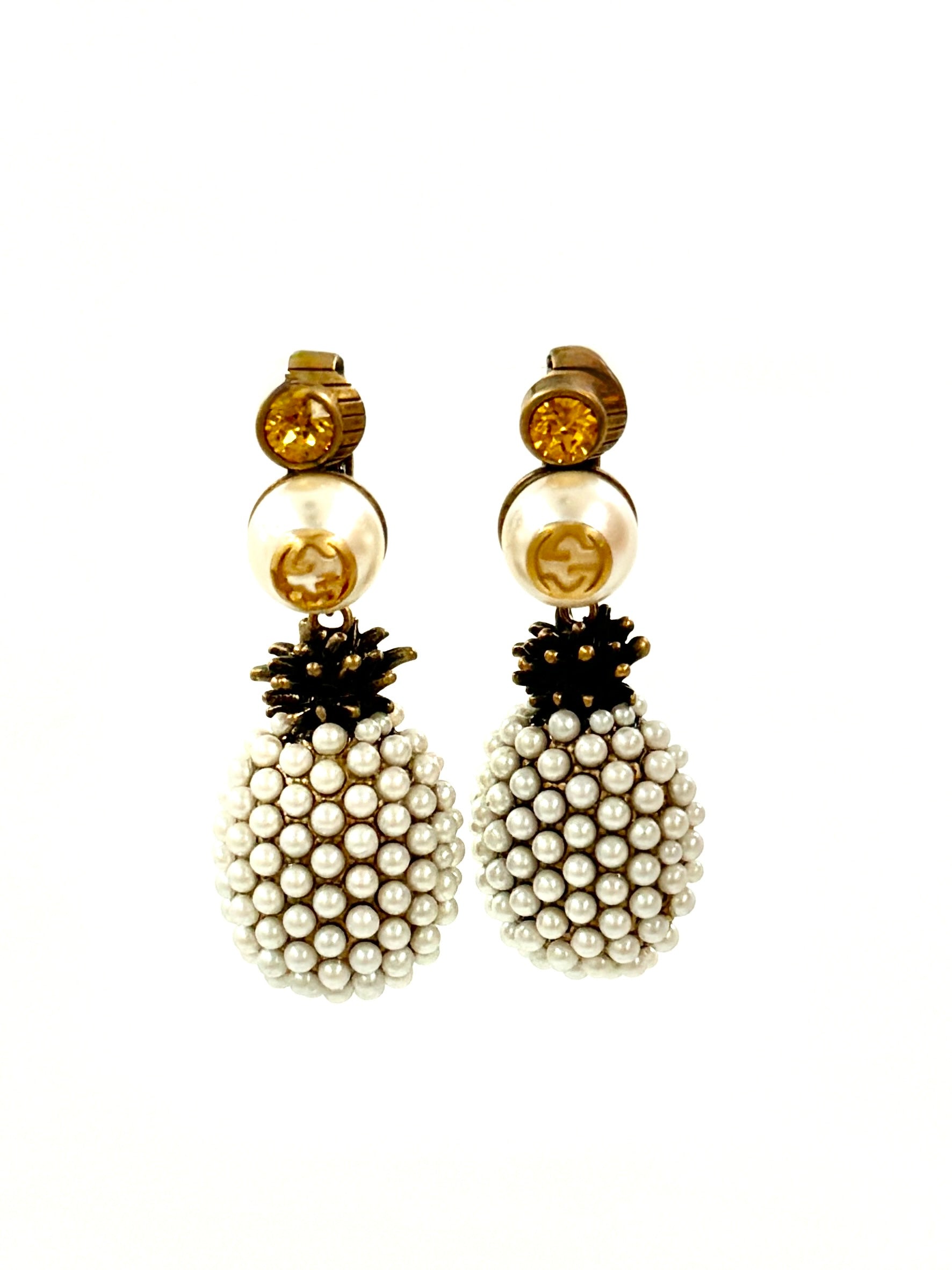 Pre-Owned Gucci Faux Pearl & Crystal Pineapple Drop Earrings - Authenticated