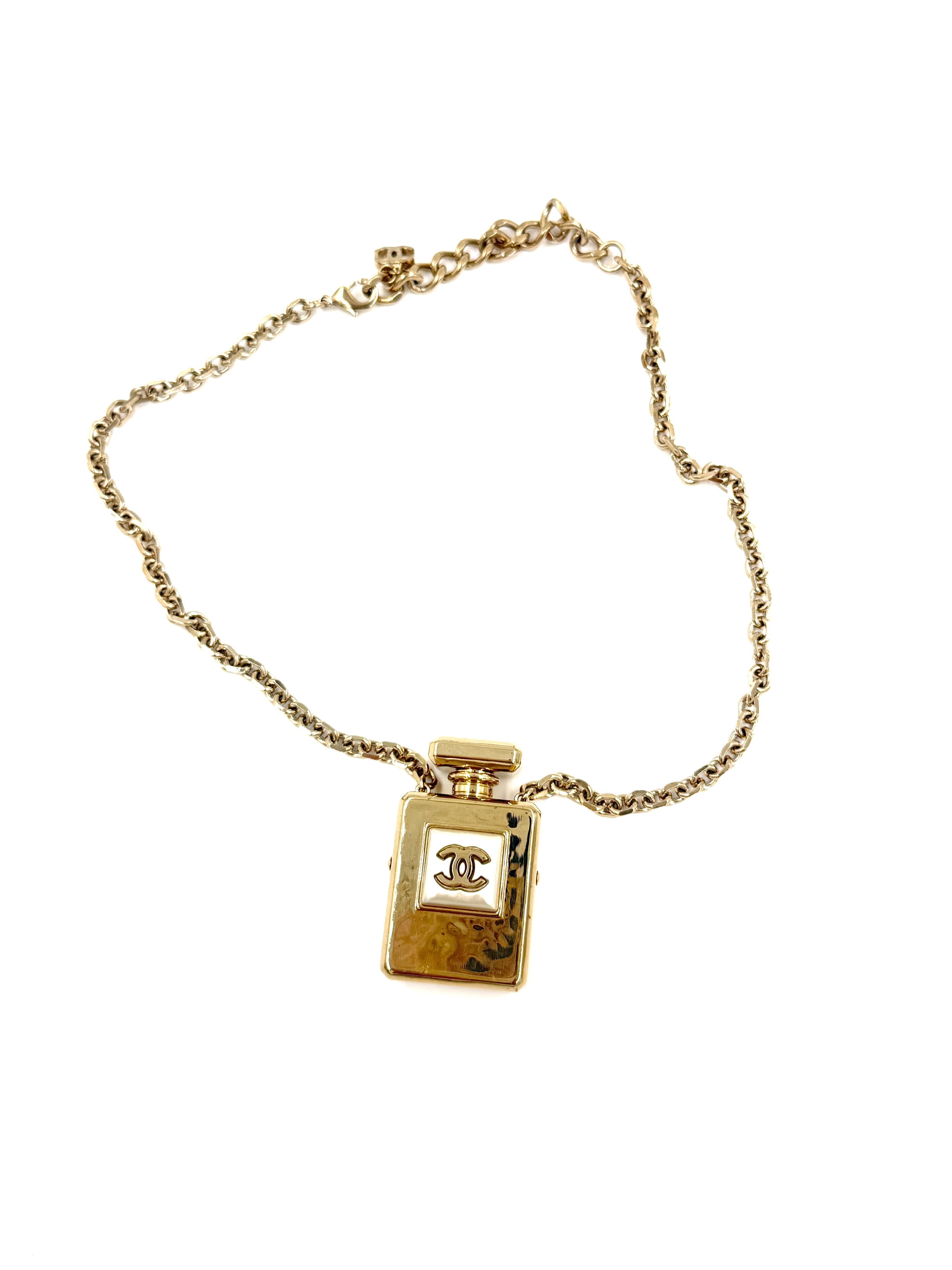 Pre-Owned Chanel 2022 Faux Pearl CC Perfume Bottle Locket Long Pendant Necklace - Authenticated