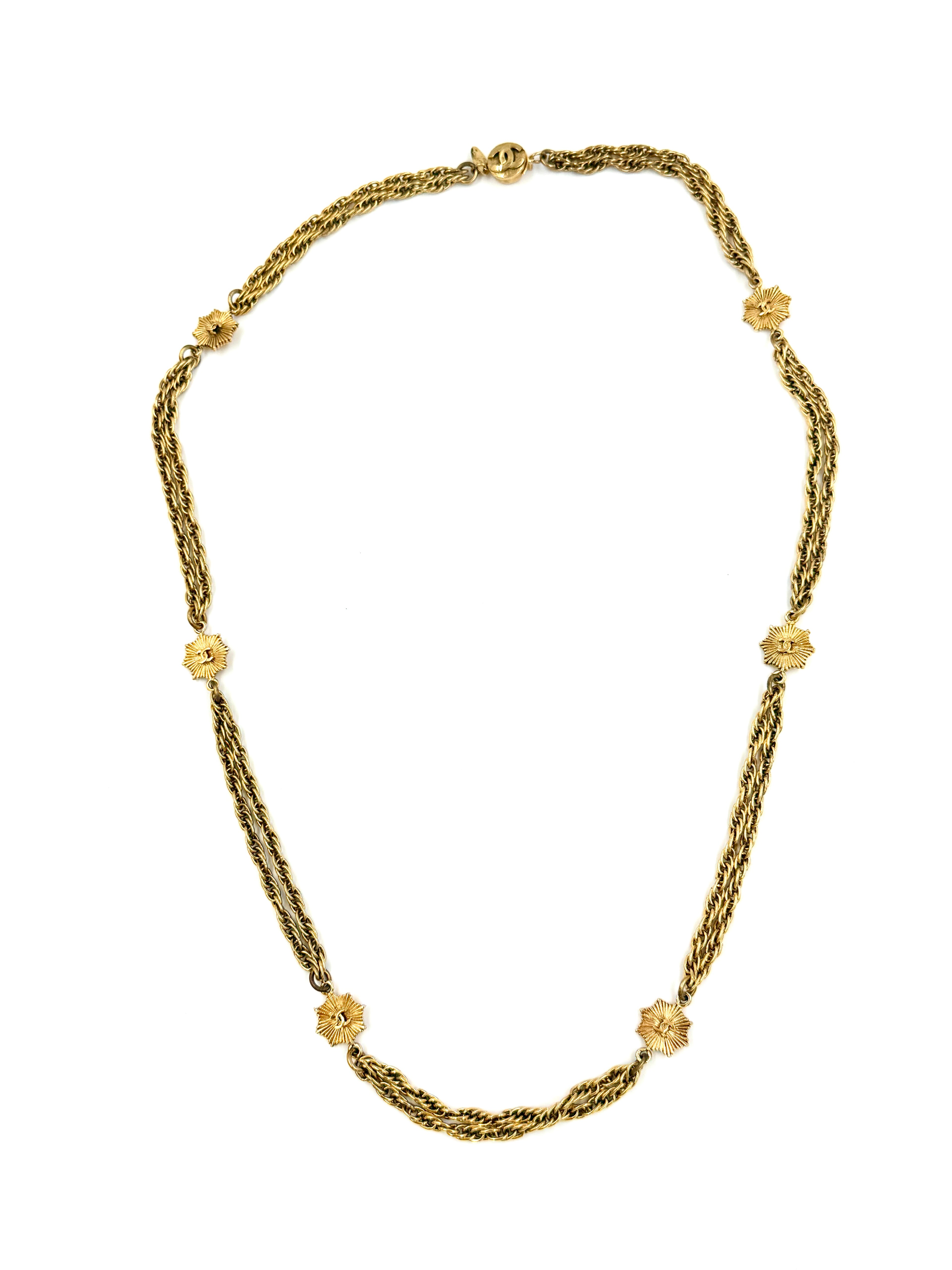 Pre-Owned Authentic Chanel CC Sunburst Double Chain Gold Plated Necklace - Authenticated