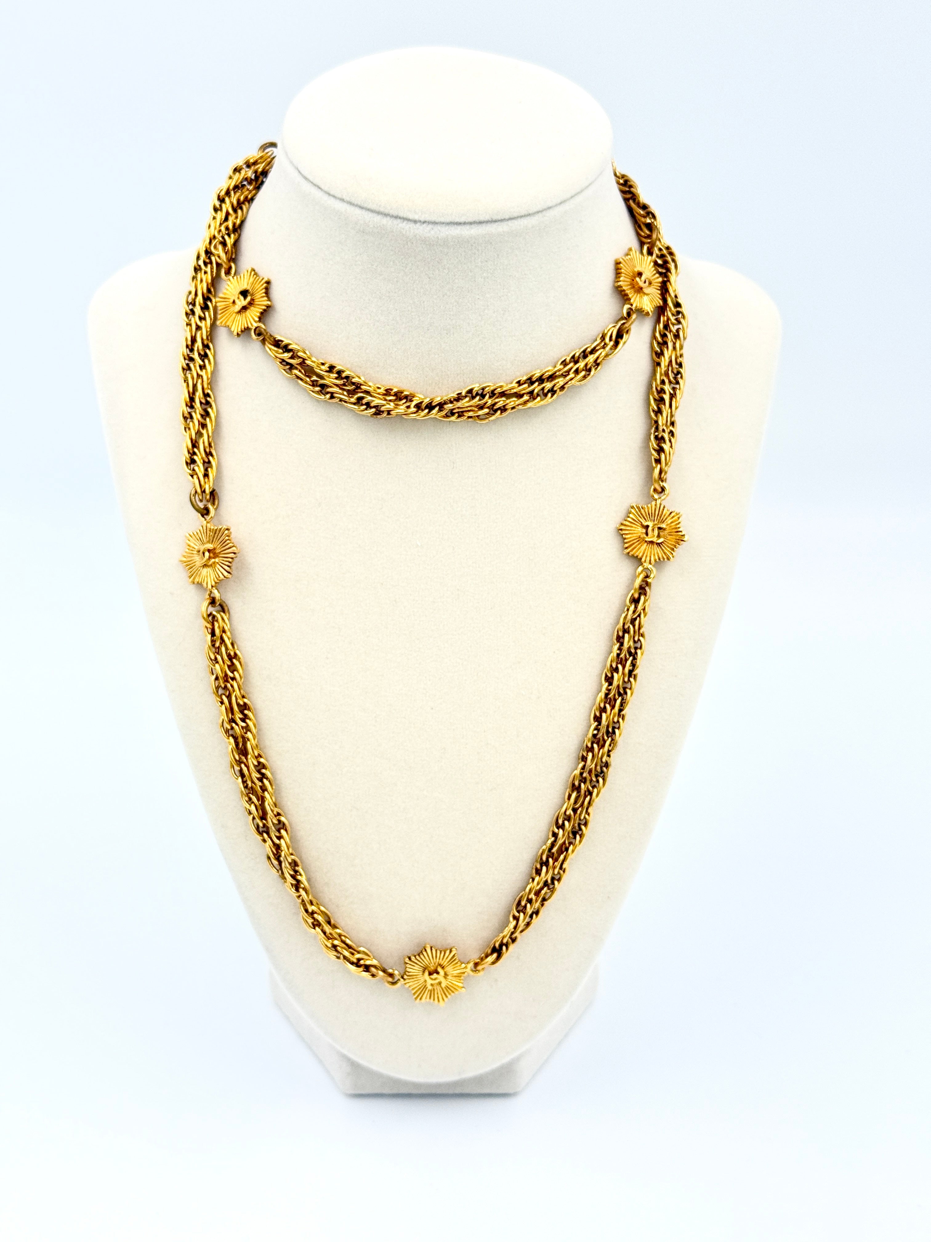 Pre-Owned Authentic Chanel CC Sunburst Double Chain Gold Plated Necklace - Authenticated