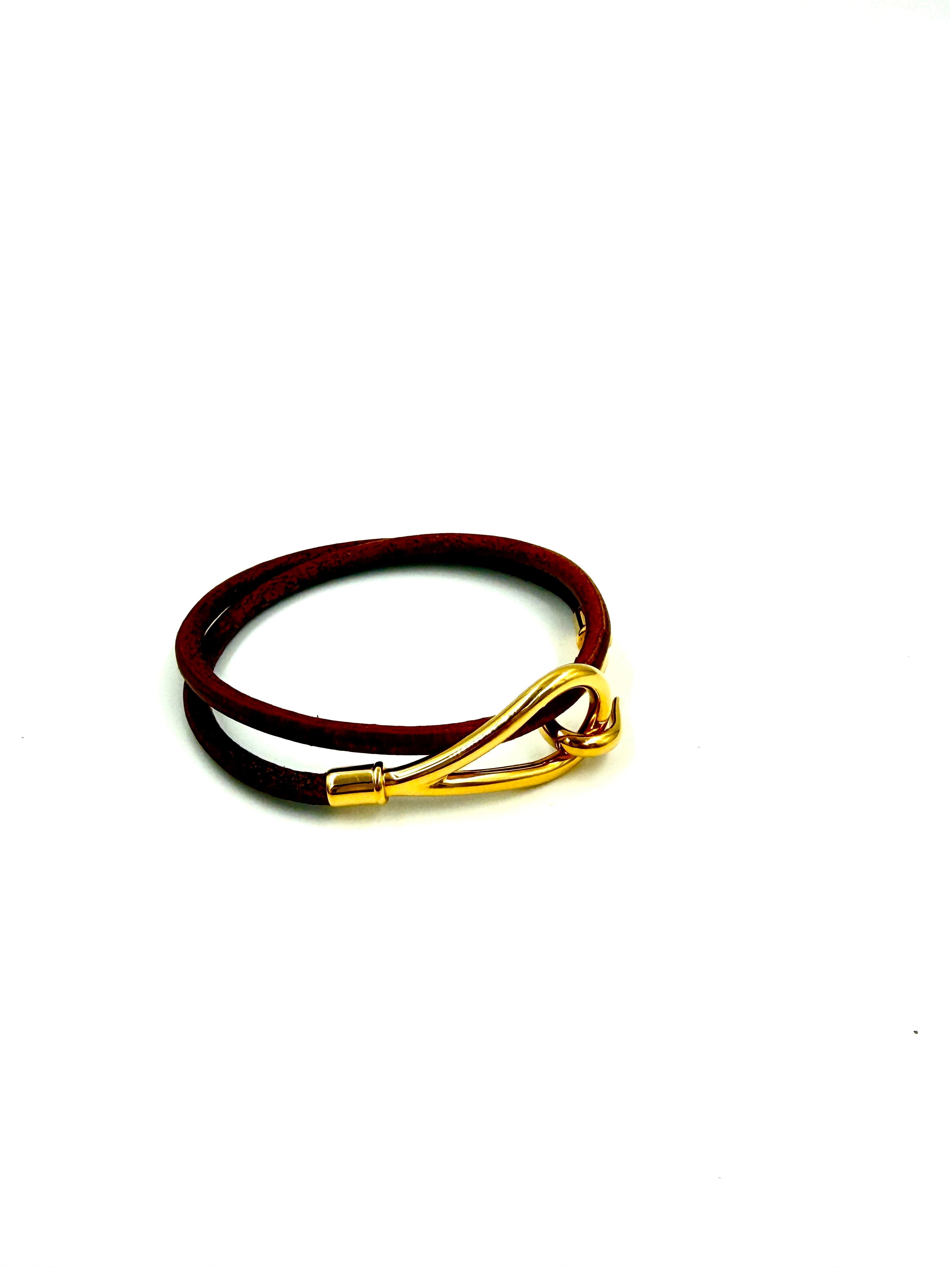 Pre-Owned Hermès Jumbo Hook Double Tour Bracelet Gold Plated Brown Leather - Authenticated