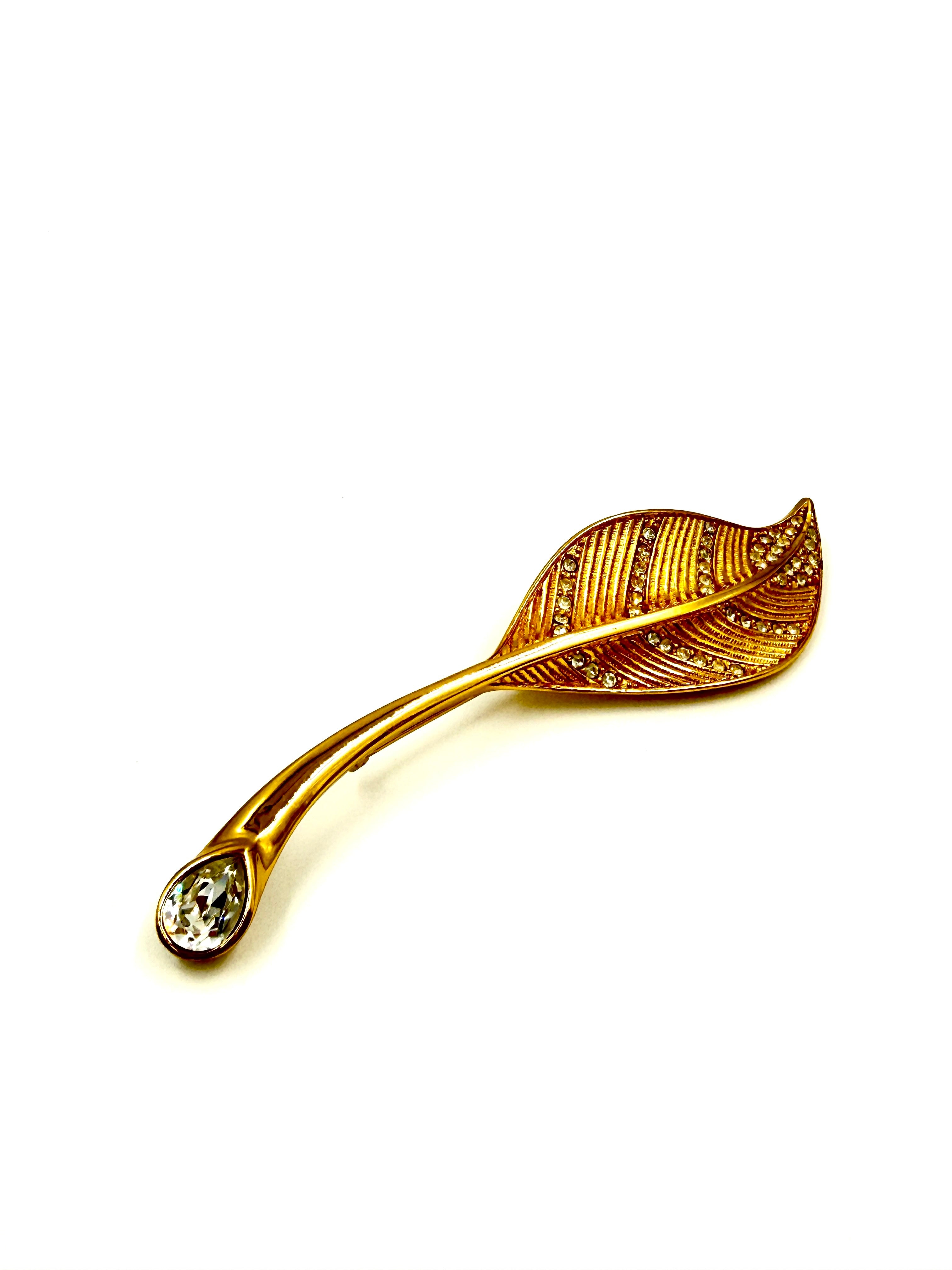 Pre-Owned Christian Dior Gold Plated Leaf Brooch with Crystals - Authenticated