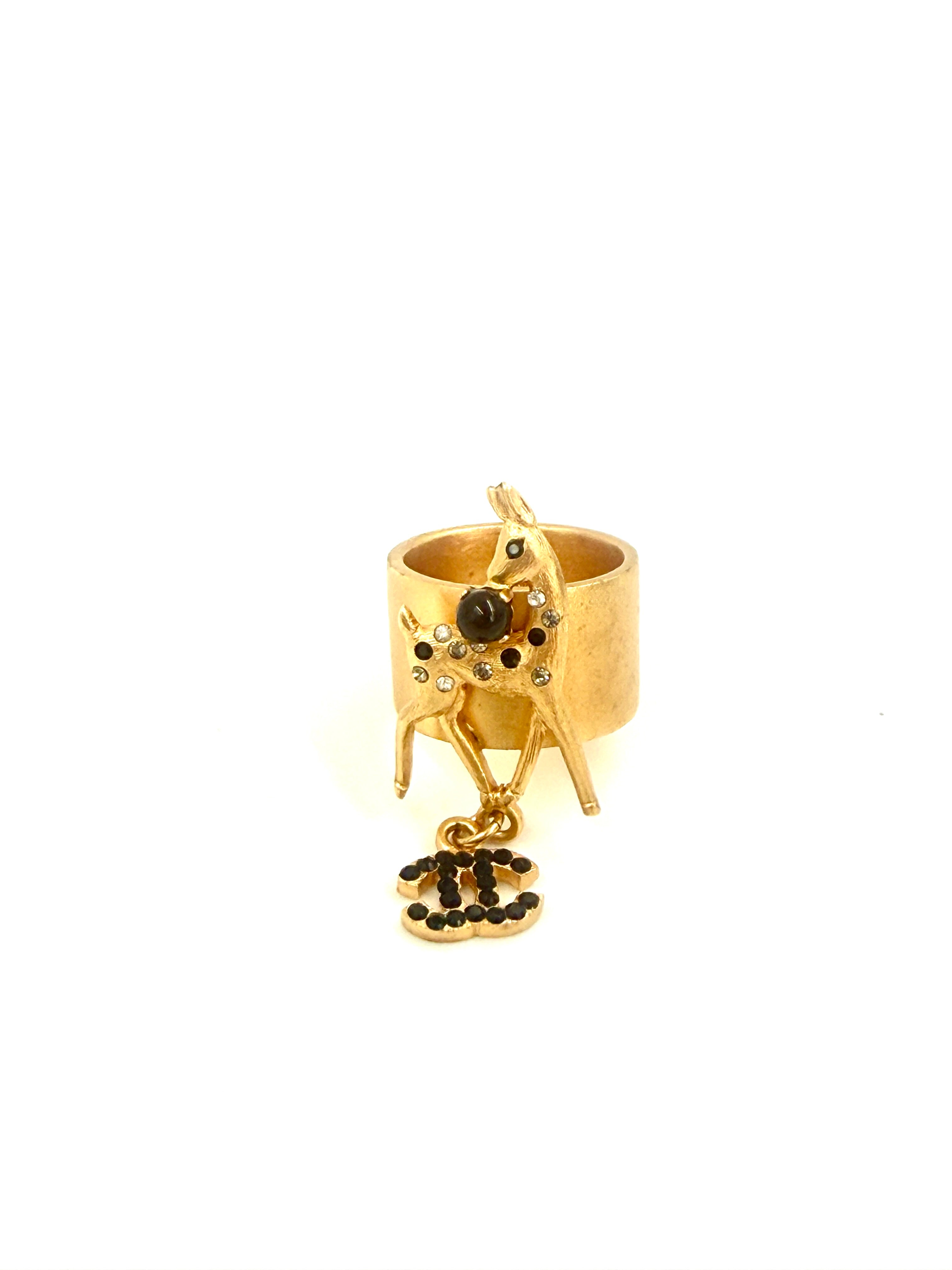 Pre-Owned Chanel CC Logo Gold Band Ring Size 7 Black Clear Rhinestone Deer Dangling CC - Authenticated
