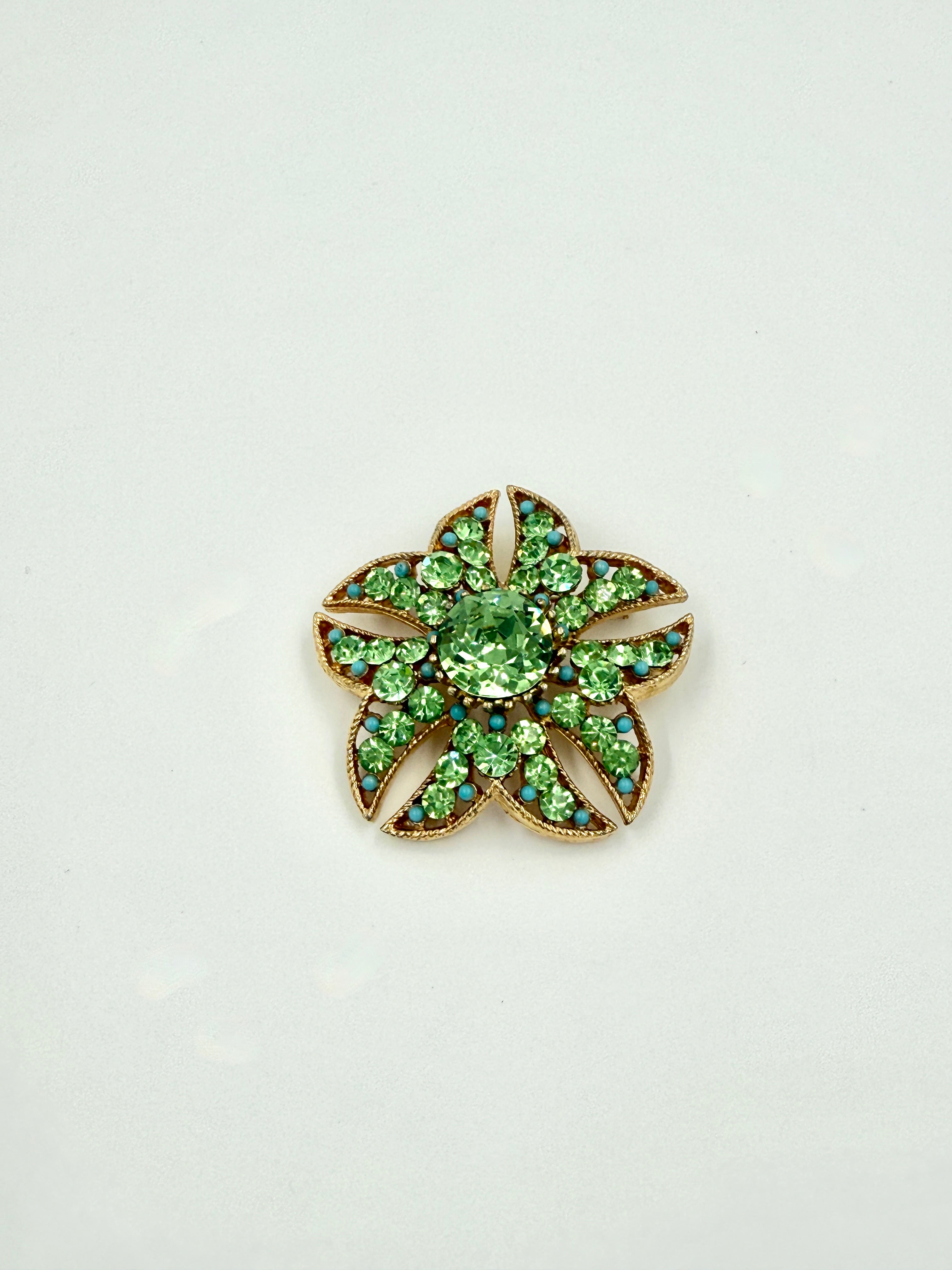 Pre-Owned Vintage BSK Green Rhinestone Flower Brooch Pin
