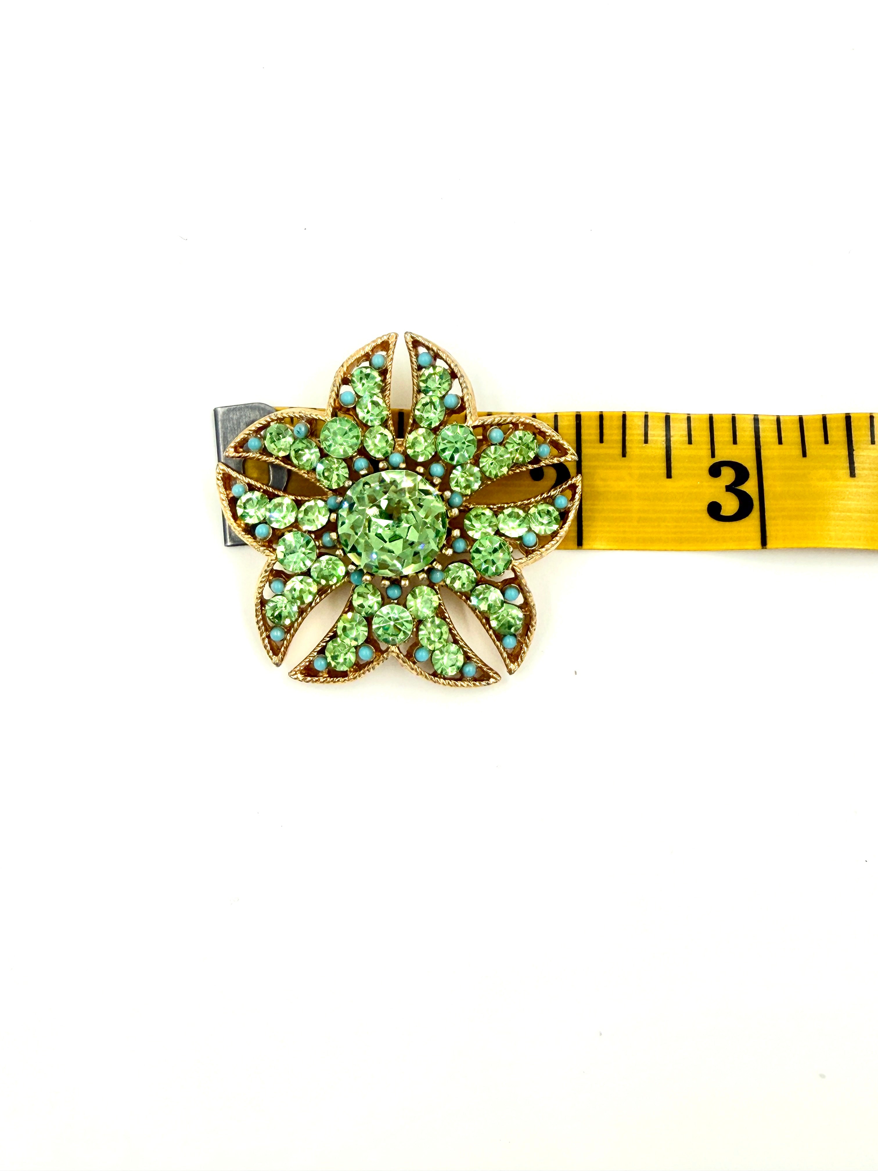 Pre-Owned Vintage BSK Green Rhinestone Flower Brooch Pin