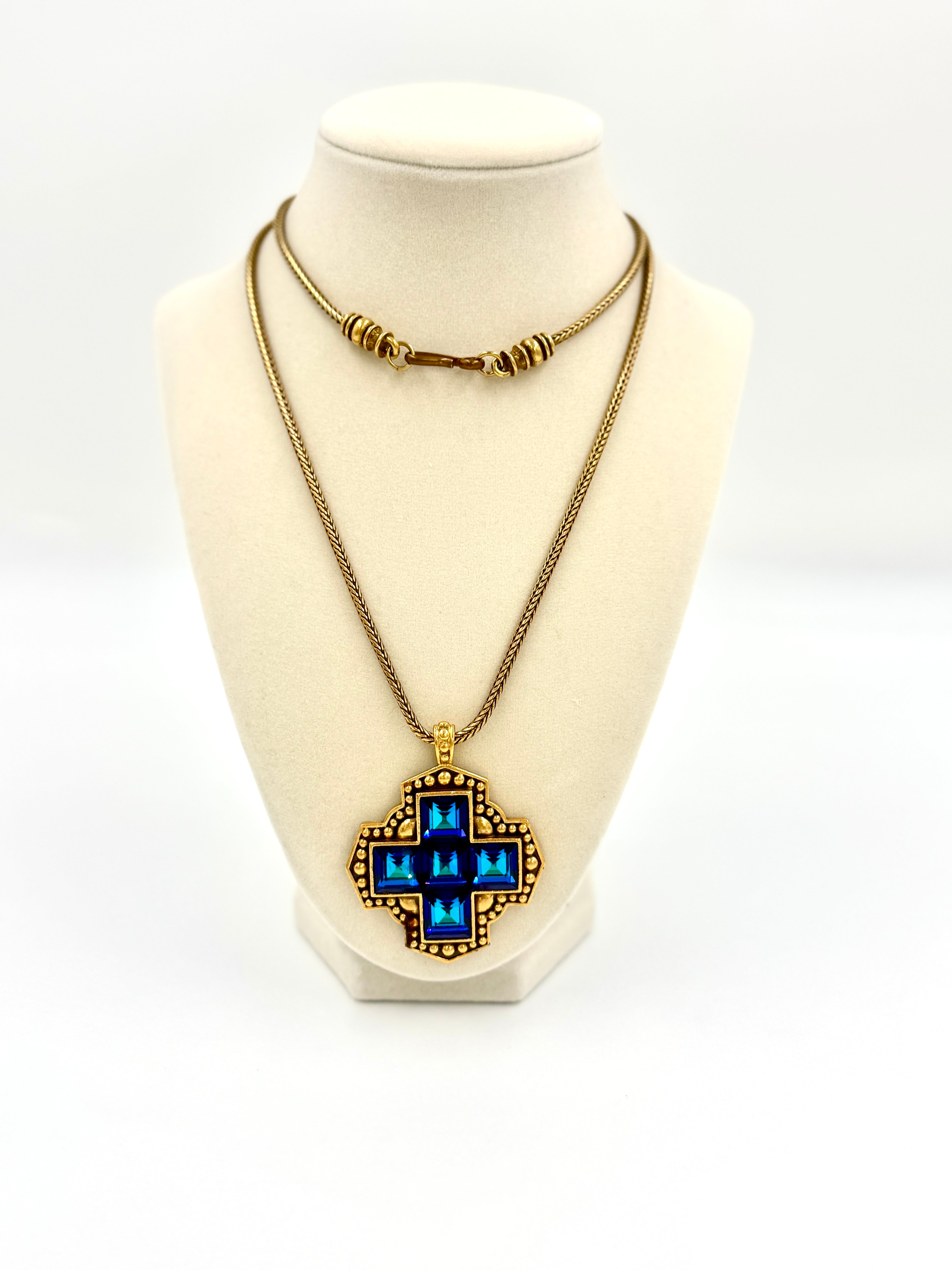 Pre-Owned YSL Blue Glass Maltese Cross Gold Tone Pendant Necklace - Authenticated