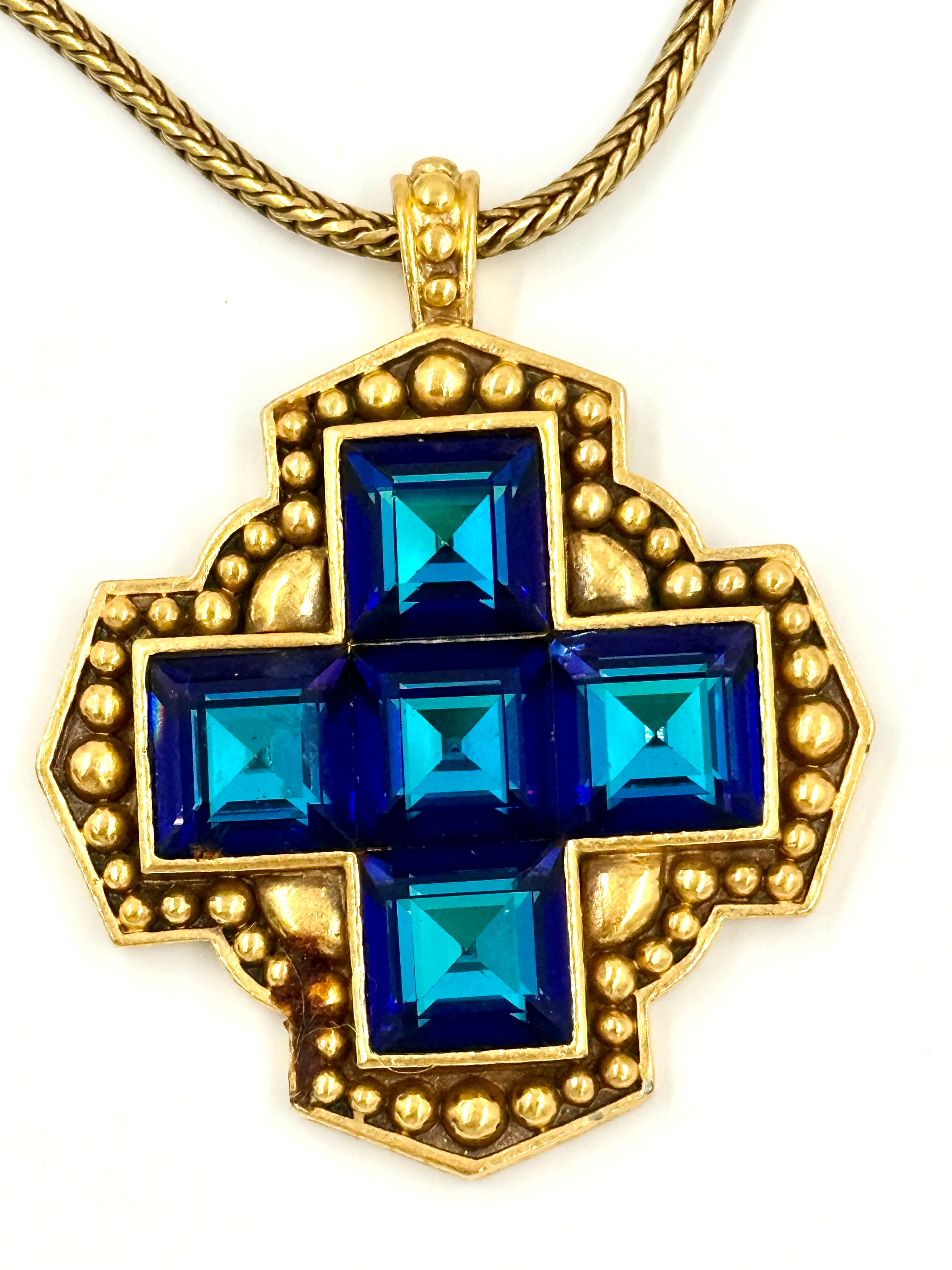 Pre-Owned YSL Blue Glass Maltese Cross Gold Tone Pendant Necklace - Authenticated