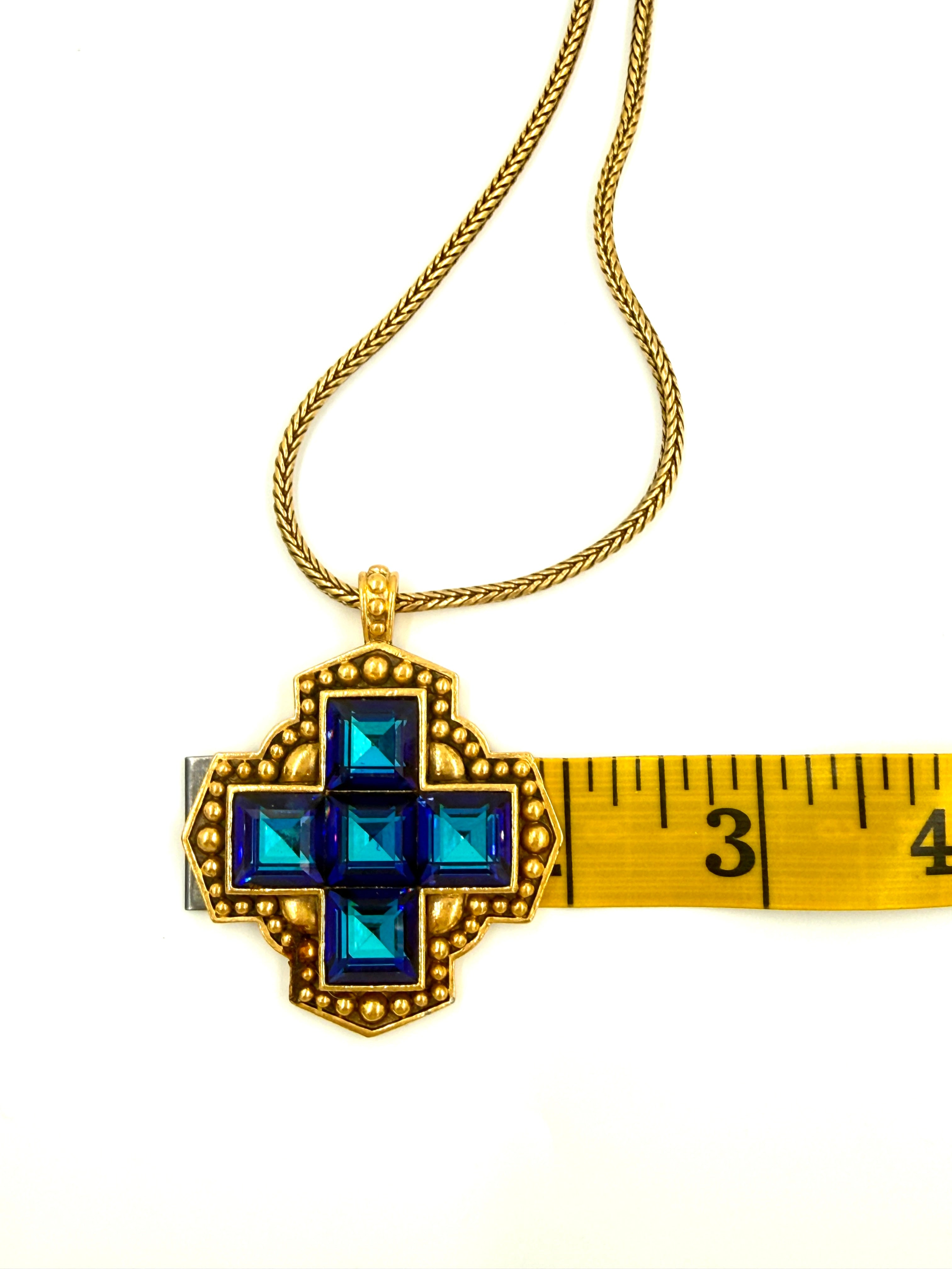 Pre-Owned YSL Blue Glass Maltese Cross Gold Tone Pendant Necklace - Authenticated