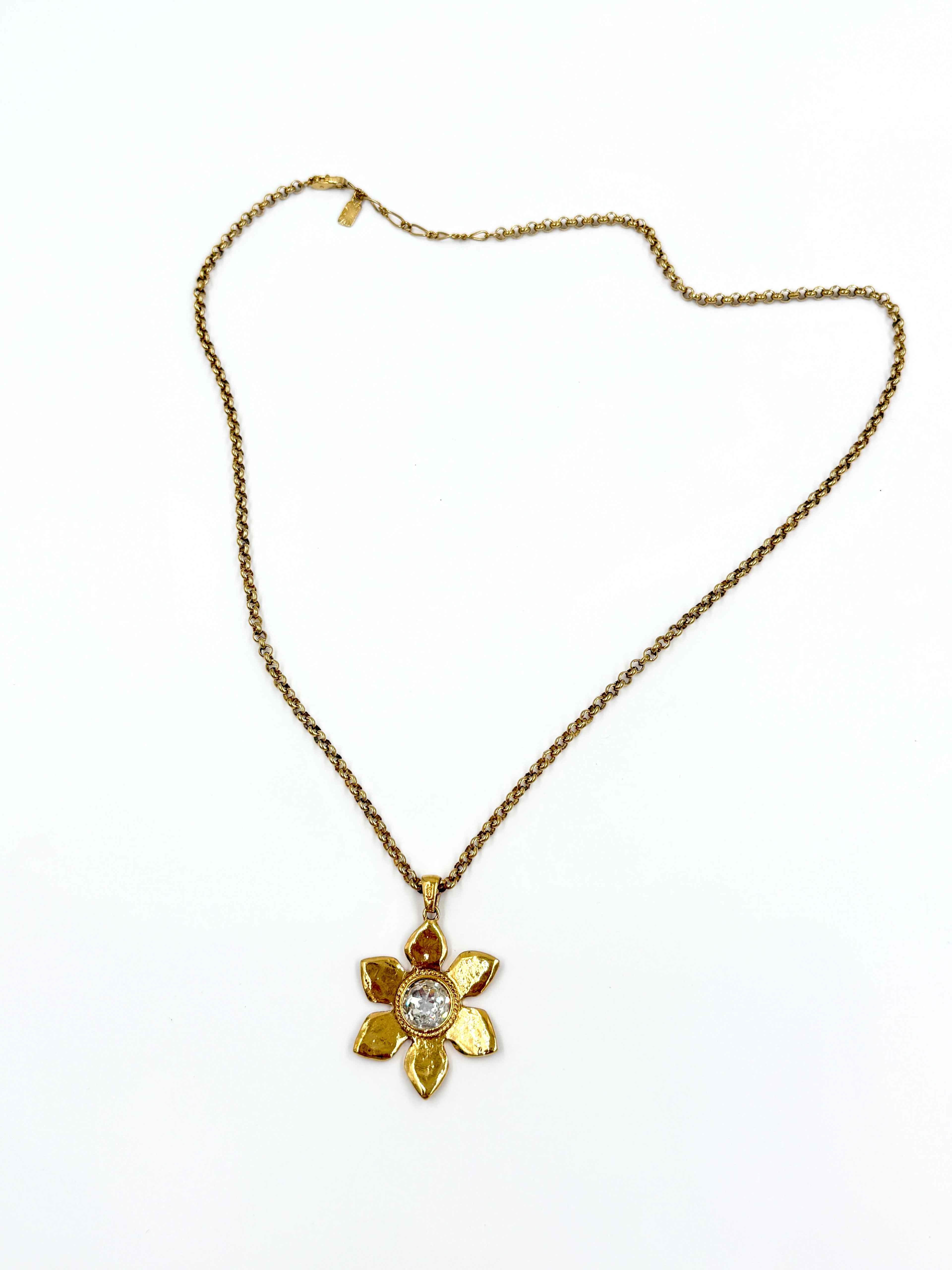 Pre-Owned Yves Saint Laurent Gold Tone Flower Pendant Necklace with Crystal Center - Authenticated