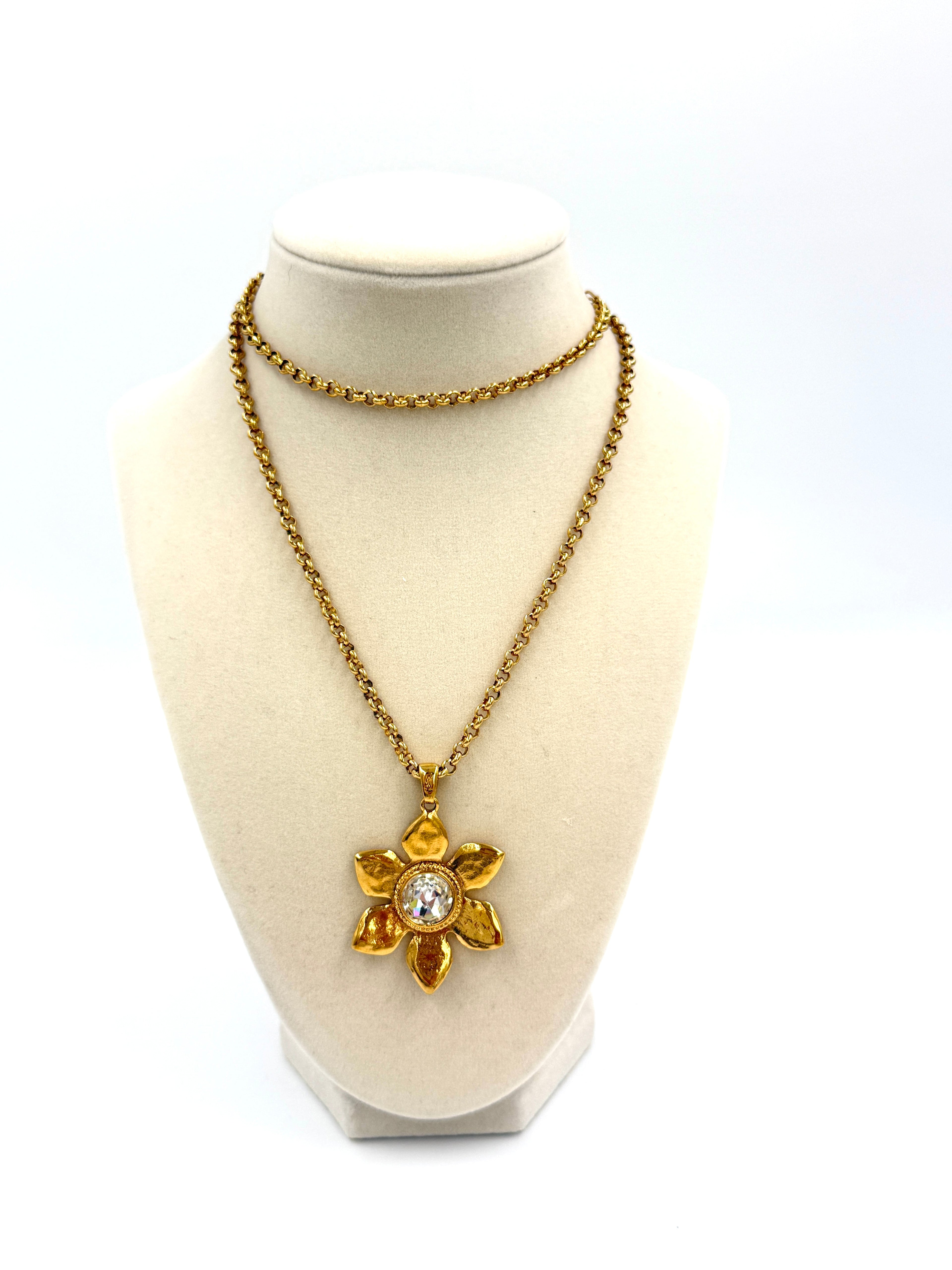 Pre-Owned Yves Saint Laurent Gold Tone Flower Pendant Necklace with Crystal Center - Authenticated
