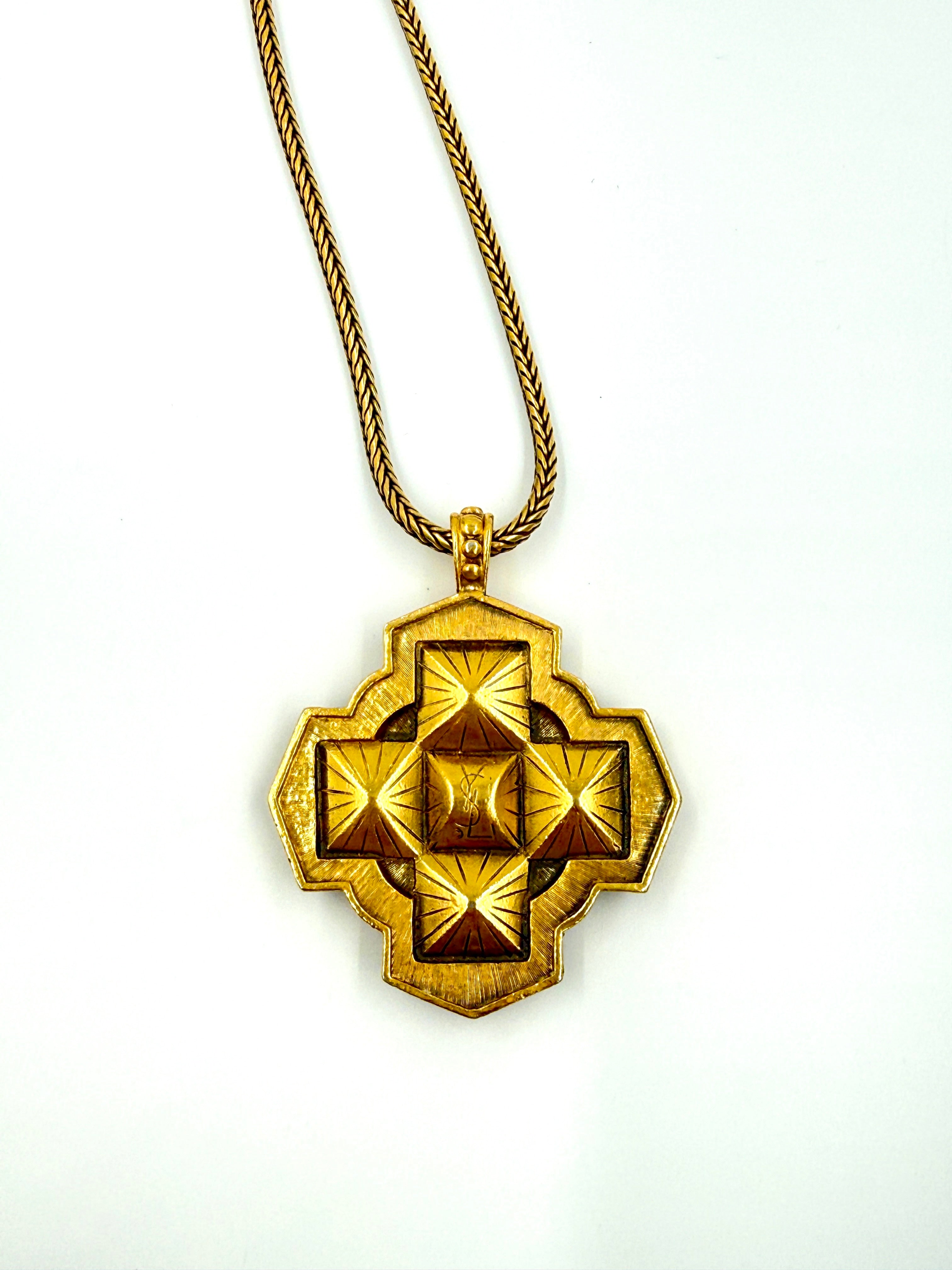 Pre-Owned YSL Blue Glass Maltese Cross Gold Tone Pendant Necklace - Authenticated