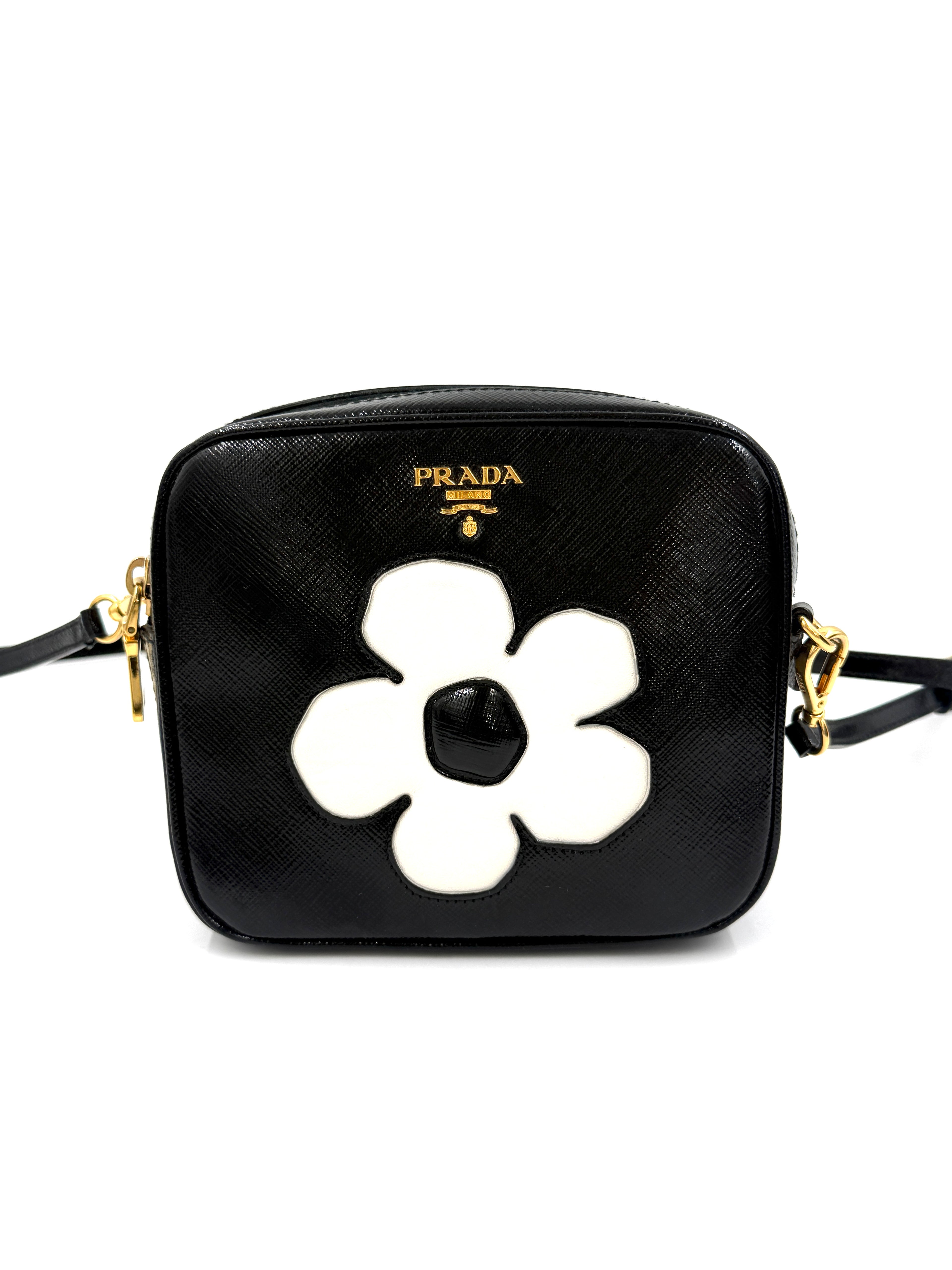 Pre-Owned Prada Black Saffiano Vernice Crossbody Bag White Flower - Authenticated