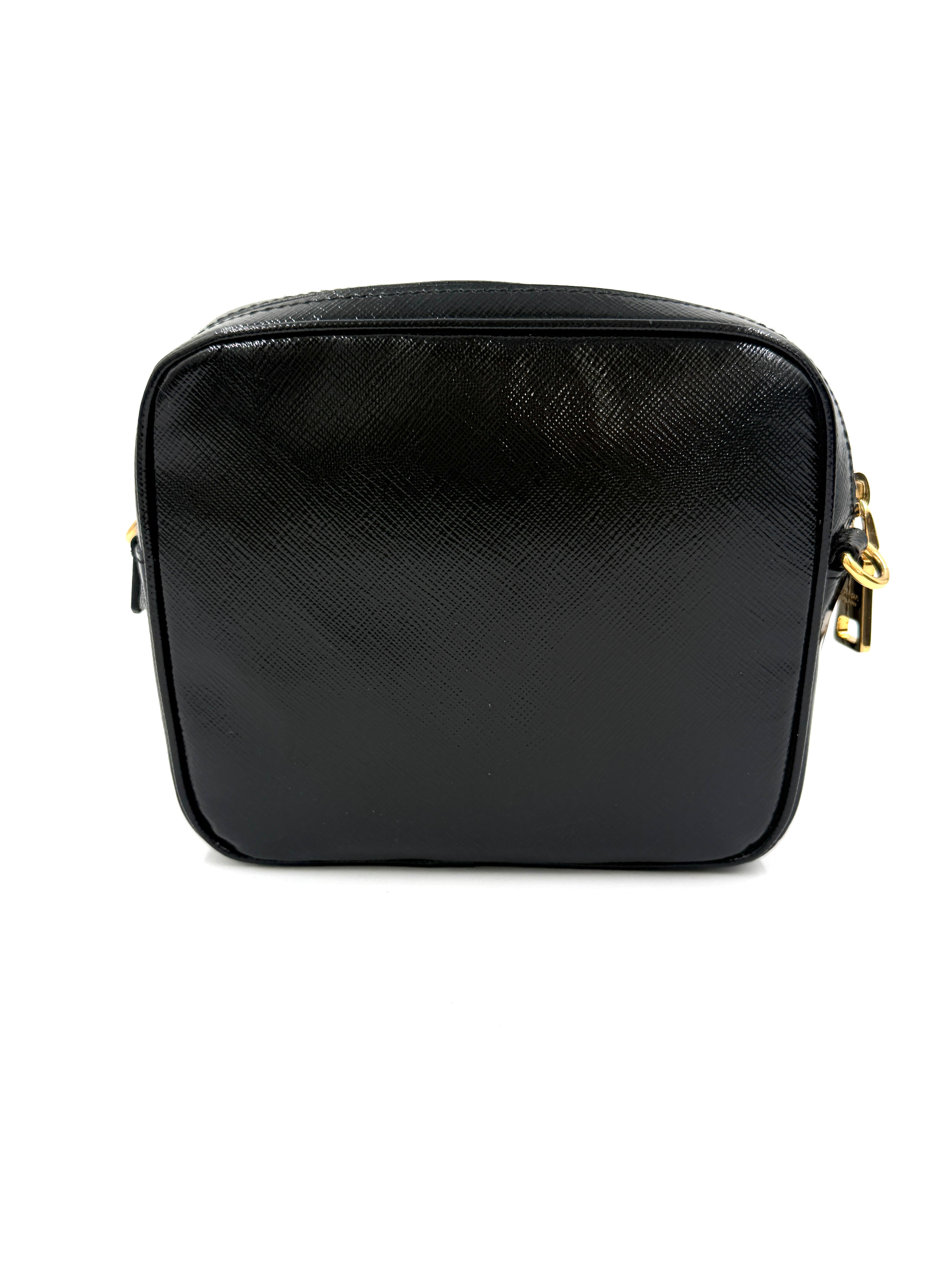 Pre-Owned Prada Black Saffiano Vernice Crossbody Bag White Flower - Authenticated