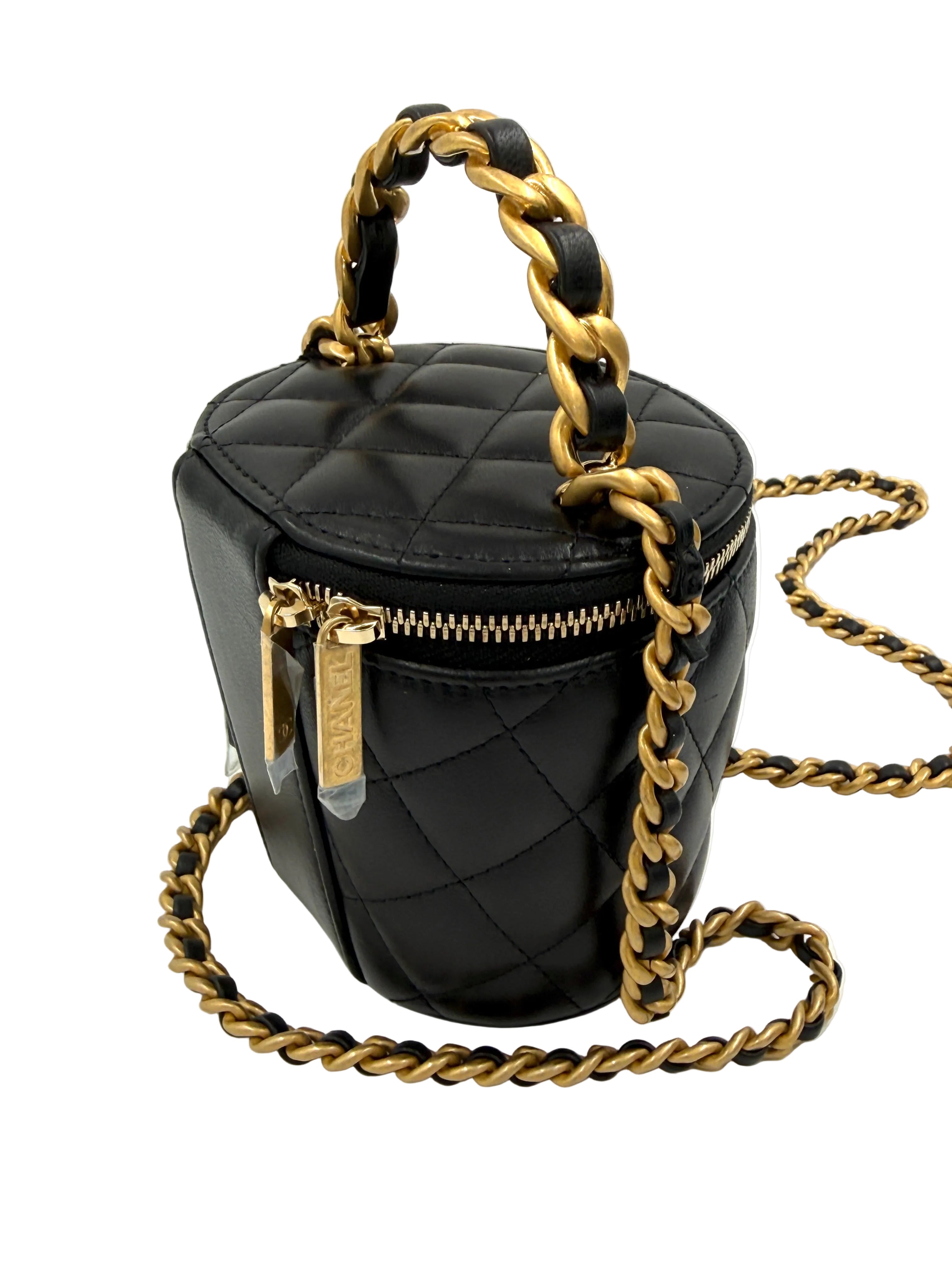 Pre-owned CHANEL Black Lambskin Quilted Afternoon Tea Top Handle Vanity Case Authenticated