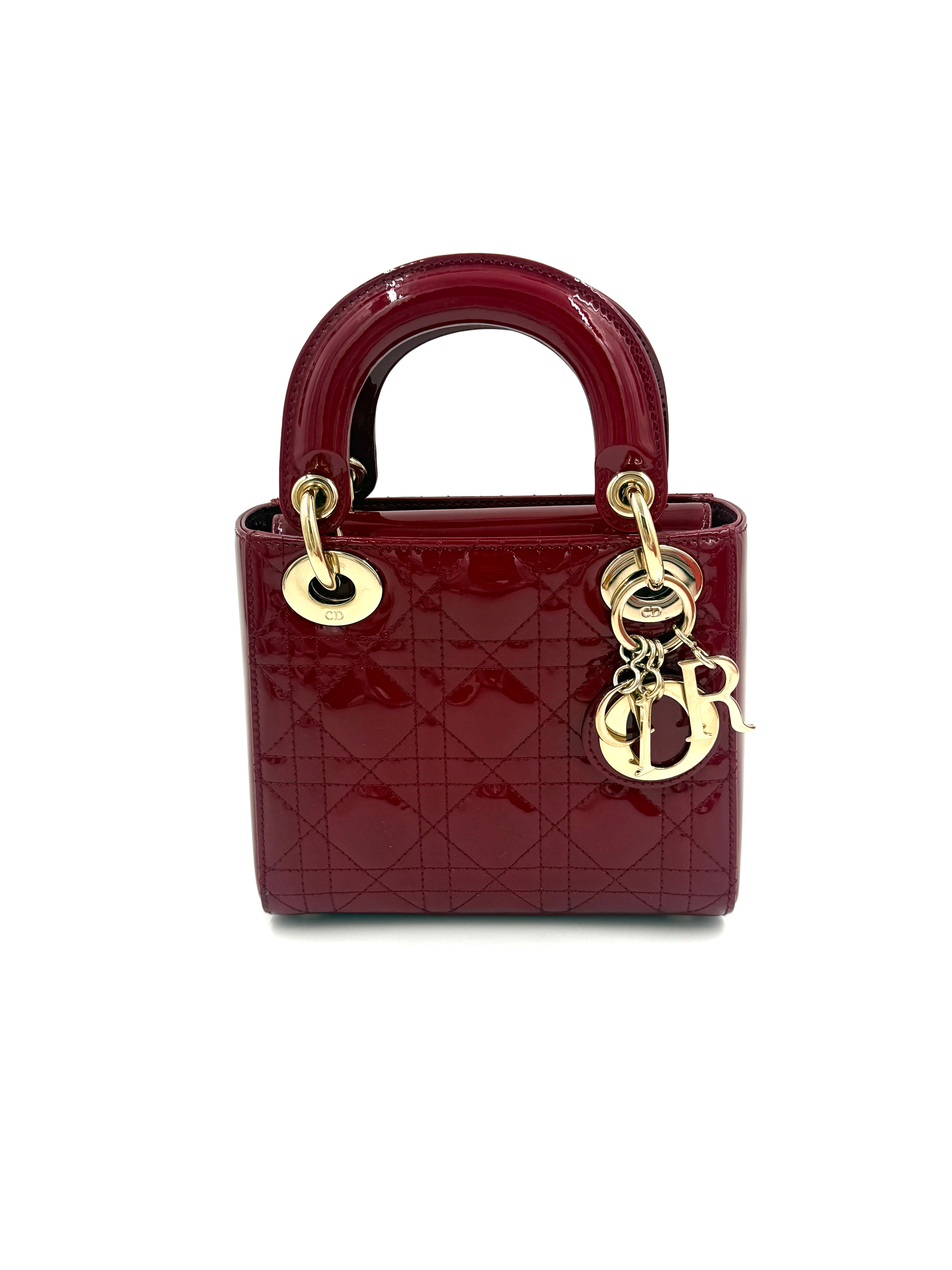 Pre-Owned Christian Dior Mini Lady Dior Bag Cherry Red Patent Cannage Calfskin - Authenticated