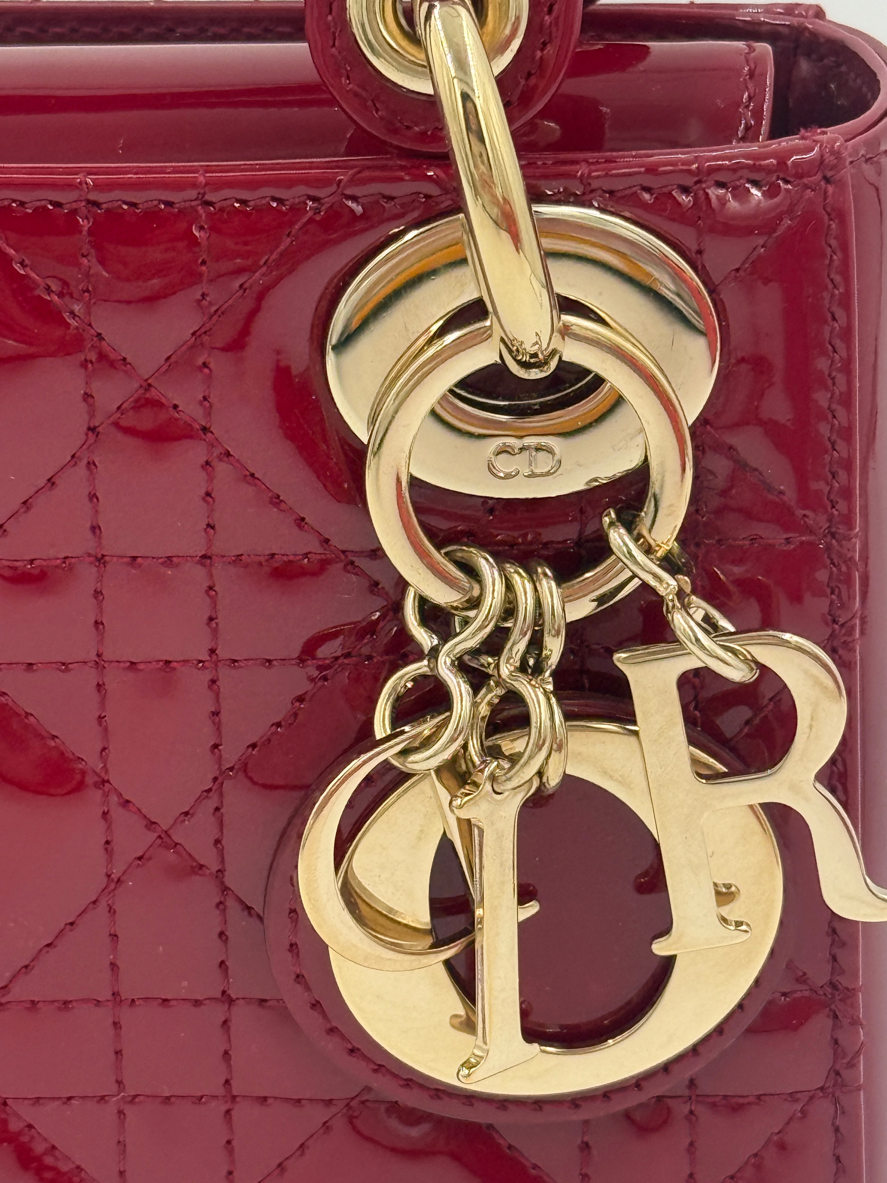 Pre-Owned Christian Dior Mini Lady Dior Bag Cherry Red Patent Cannage Calfskin - Authenticated