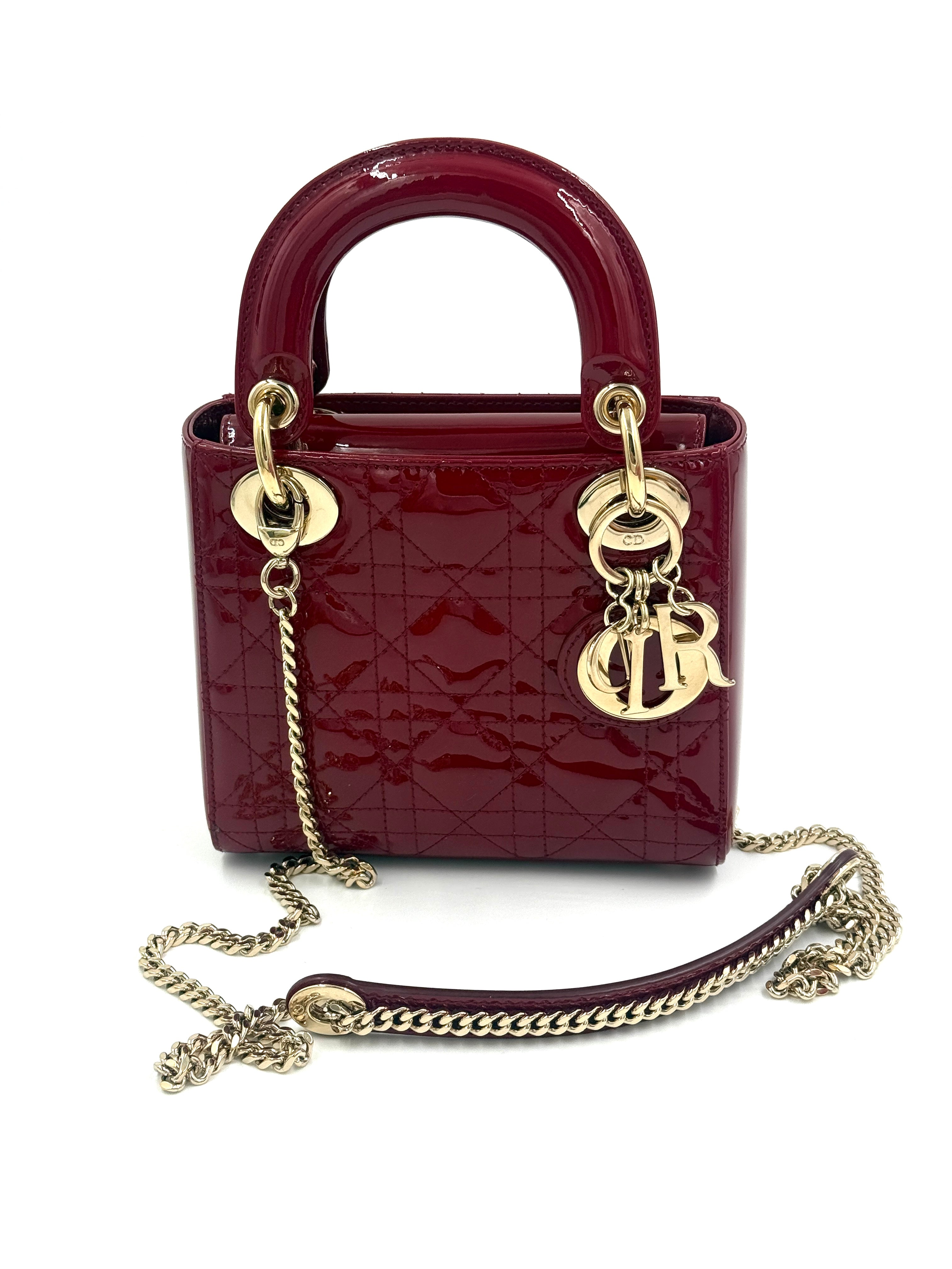 Pre-Owned Christian Dior Mini Lady Dior Bag Cherry Red Patent Cannage Calfskin - Authenticated